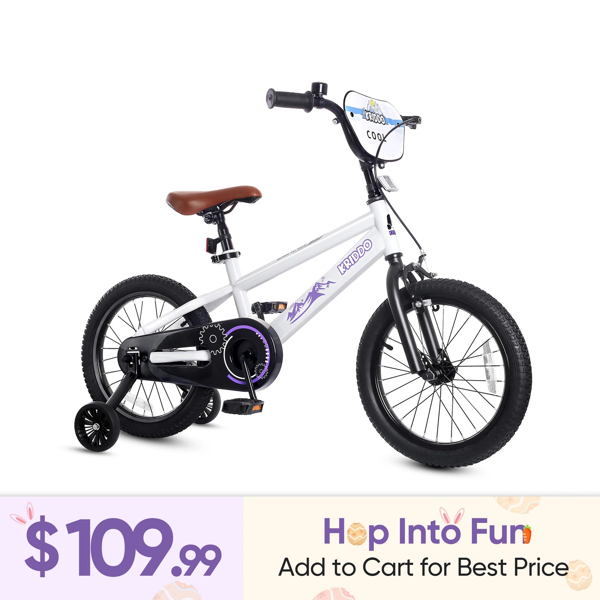 KRIDDO 16 Inch Bike with Training Wheels for 4 to 8 Years Old White