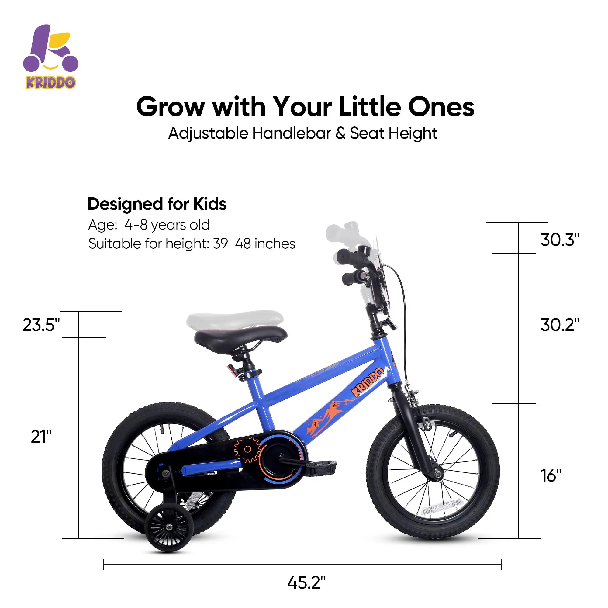 KRIDDO 16 Inch Bike with Training Wheels for 4 to 8 Years Old Blue