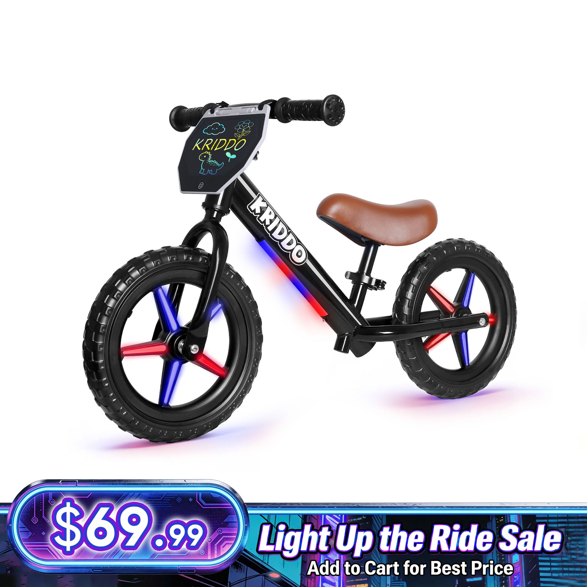 KRIDDO LED Kids Balance Bike with Light up Wheels and Electronic Plate Black