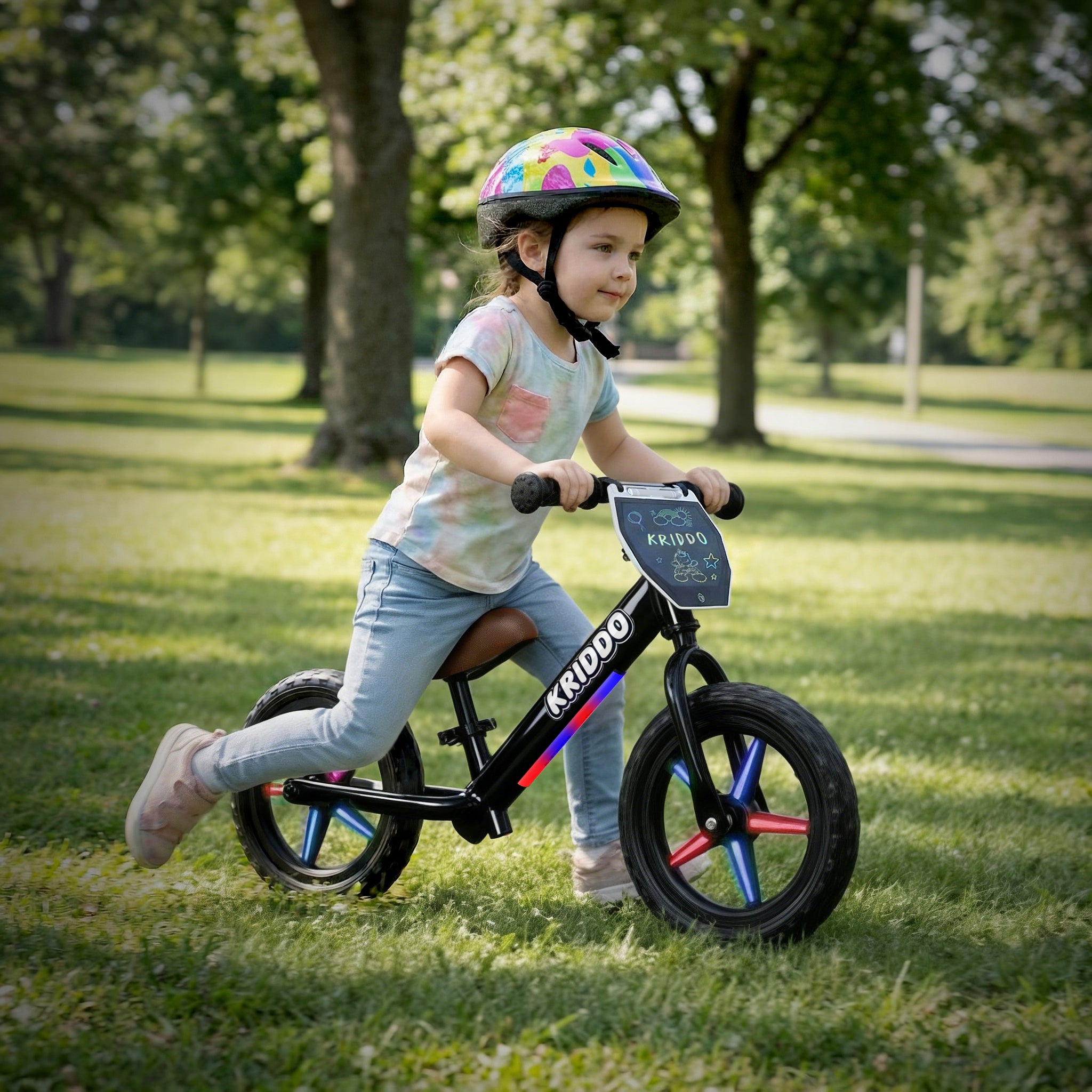 Child riding KRIDDO light up balance bike in a park