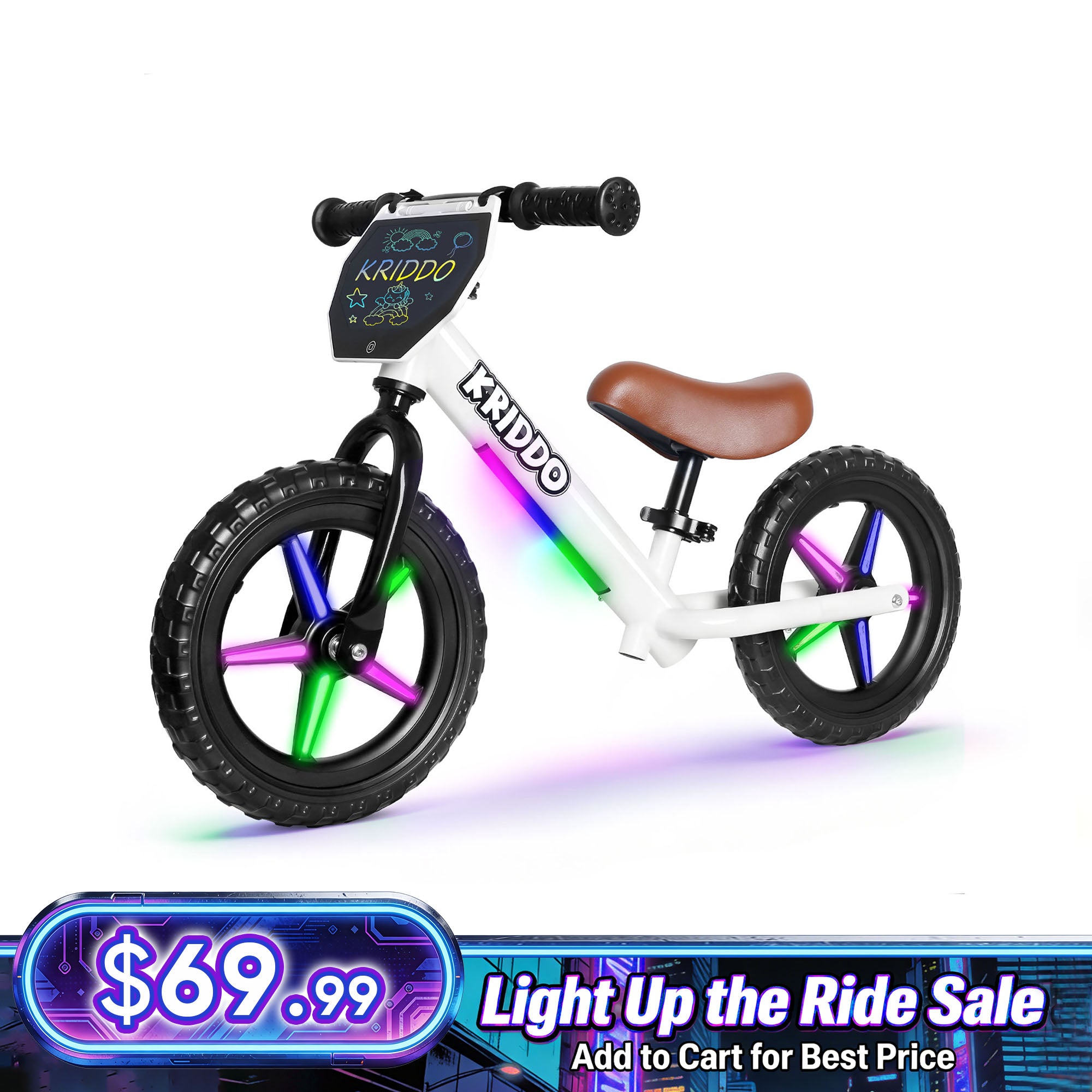 KRIDDO LED Kids Balance Bike with Light up Wheels and Electronic Plate White