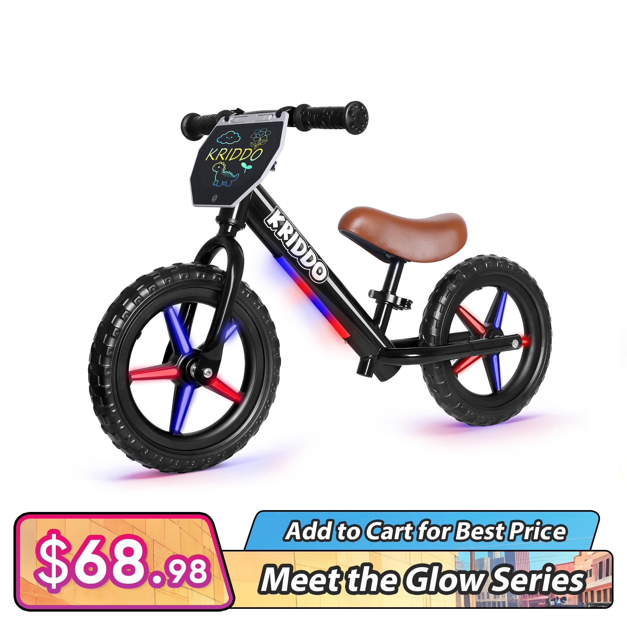 KRIDDO LED Kids Balance Bike with Light up Wheels and Electronic Plate Black