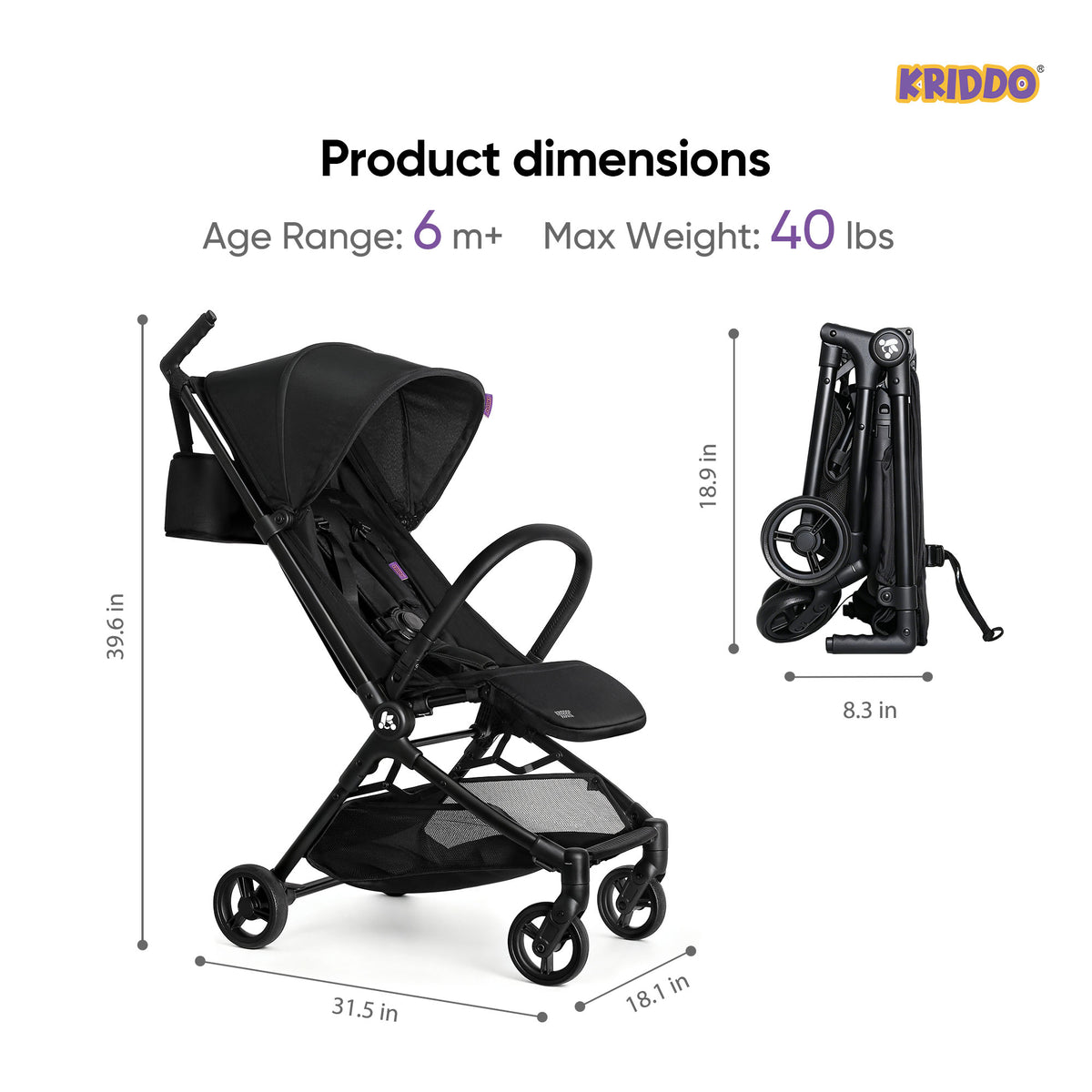 Product dimensions diagram for a KRIDDO compact baby stroller