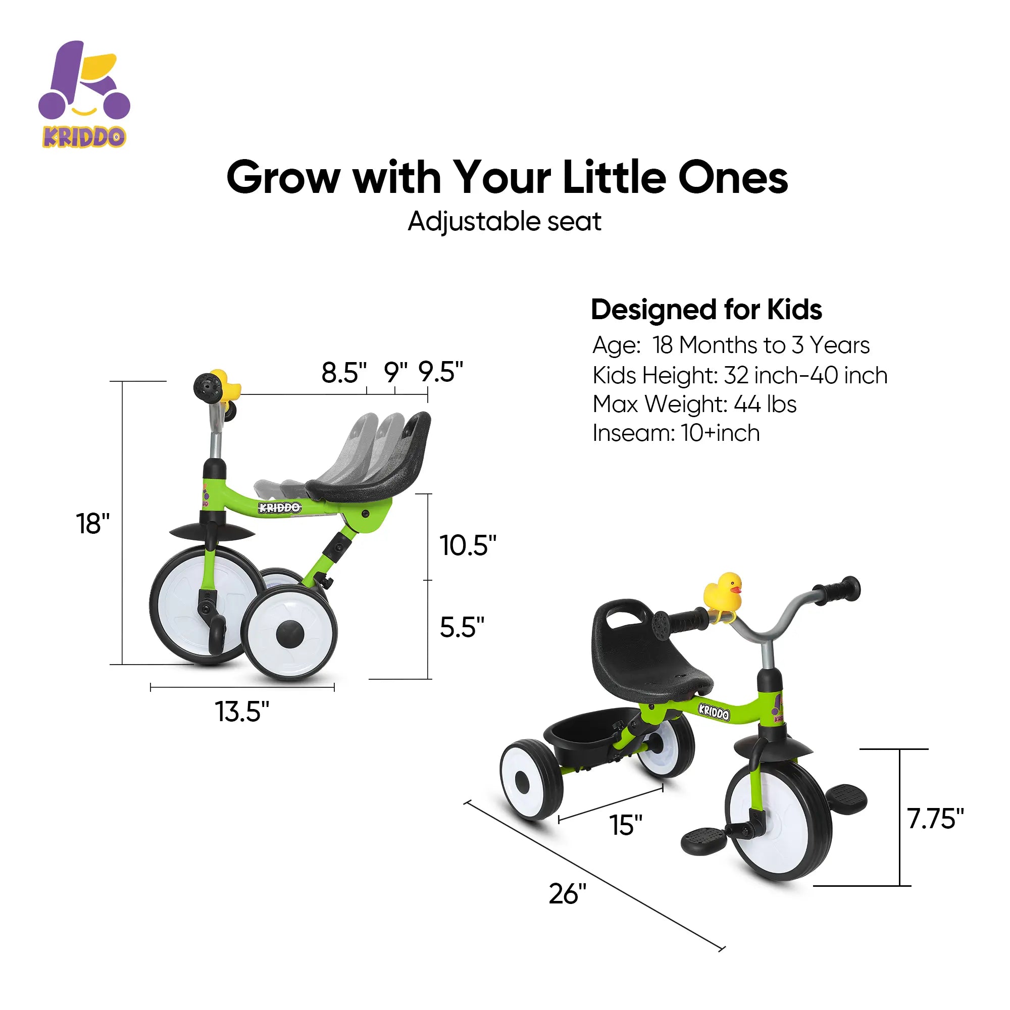 KRIDDO Baby Tricycle Foldable with Storage Basket for 18 Months to 3 Years
Green