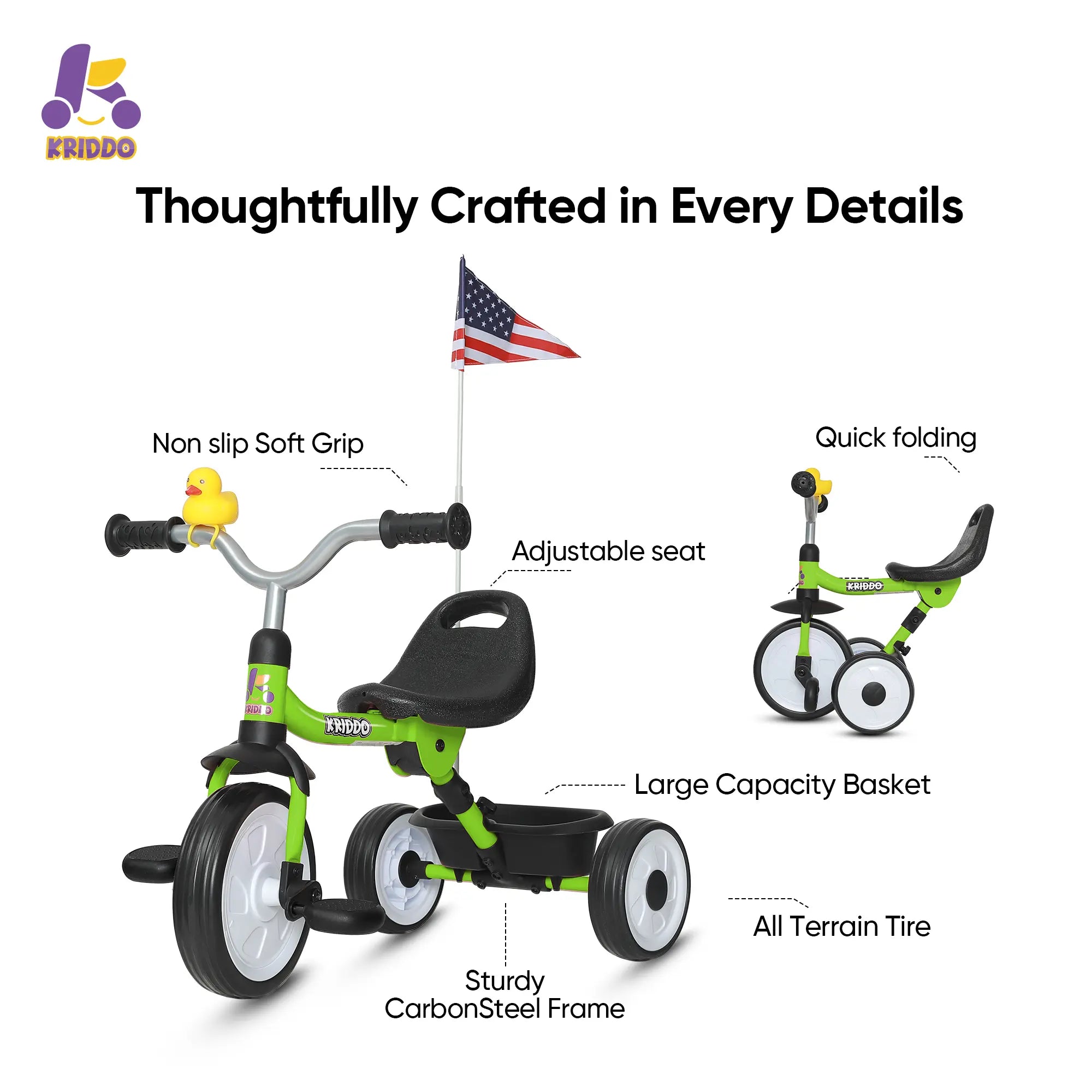 KRIDDO Baby Tricycle Foldable with Storage Basket for 18 Months to 3 Years
Green