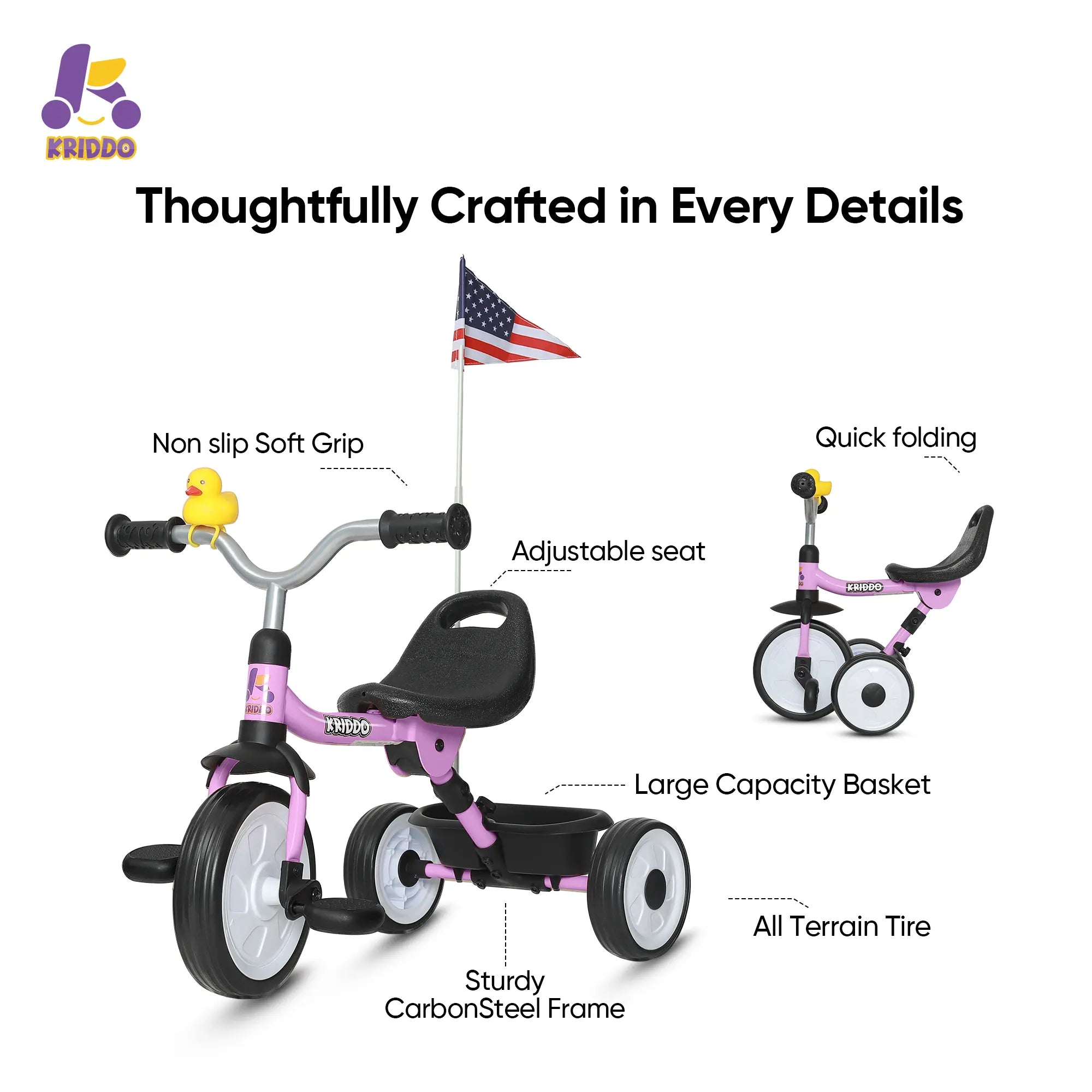 KRIDDO Baby Tricycle Foldable with Storage Basket for 18 Months to 3 Years
Purple