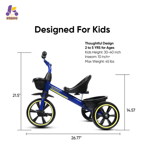 KRIDDO Kids Tricycle Easy-Assembly for 2 to 5 Years Old Blue
