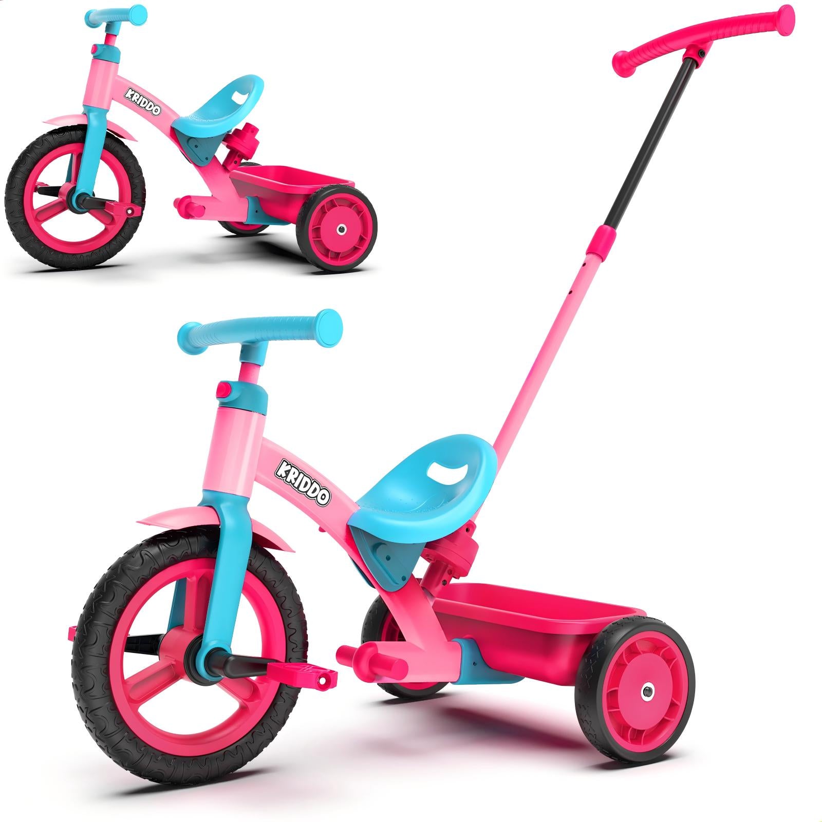 KRIDDO 4-IN-1 Kids Tricycle with Adjustable Parent Handle for 2 to 5 Years Old
