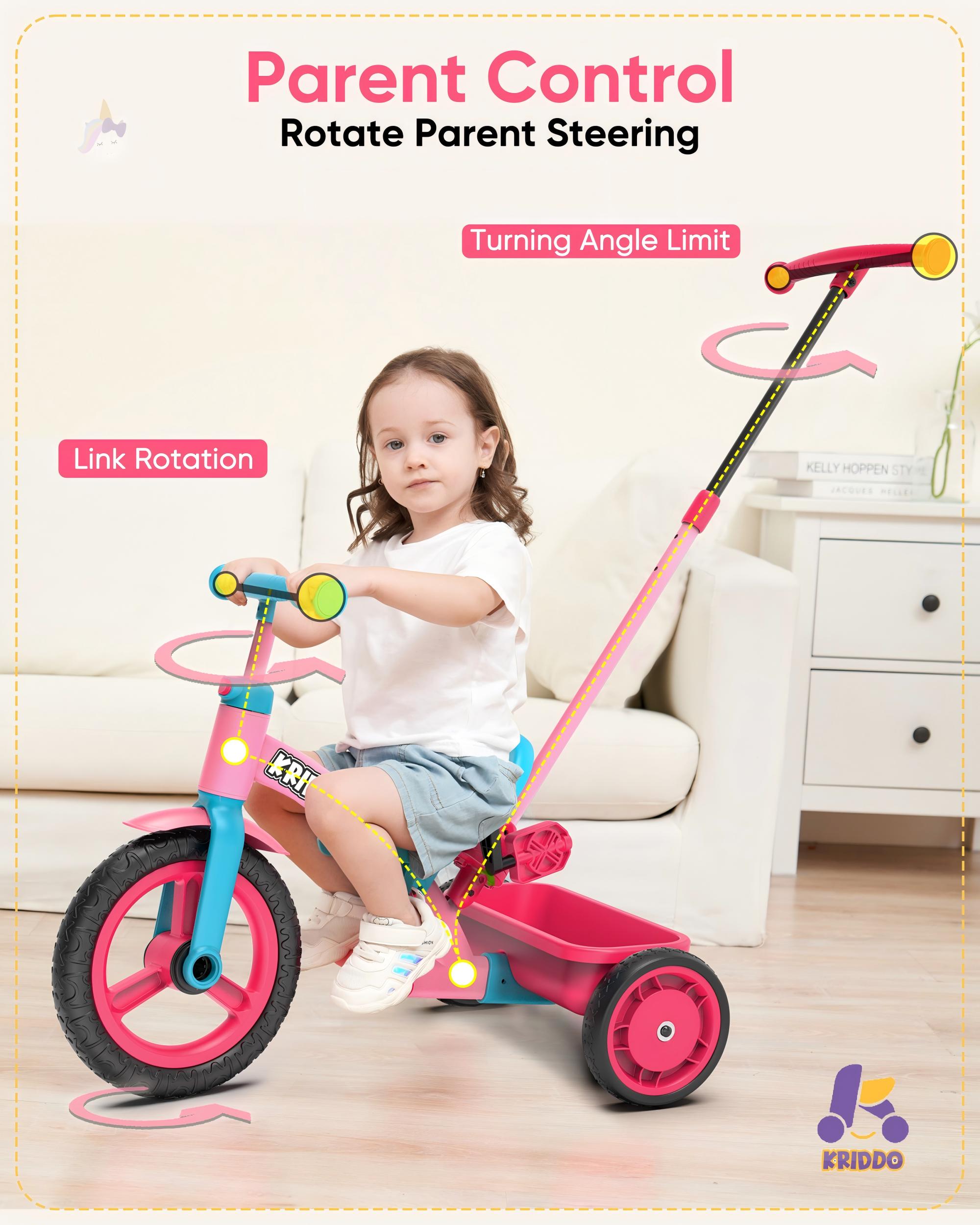 KRIDDO 4-IN-1 Kids Tricycle with Adjustable Parent Handle for 2 to 5 Years Old