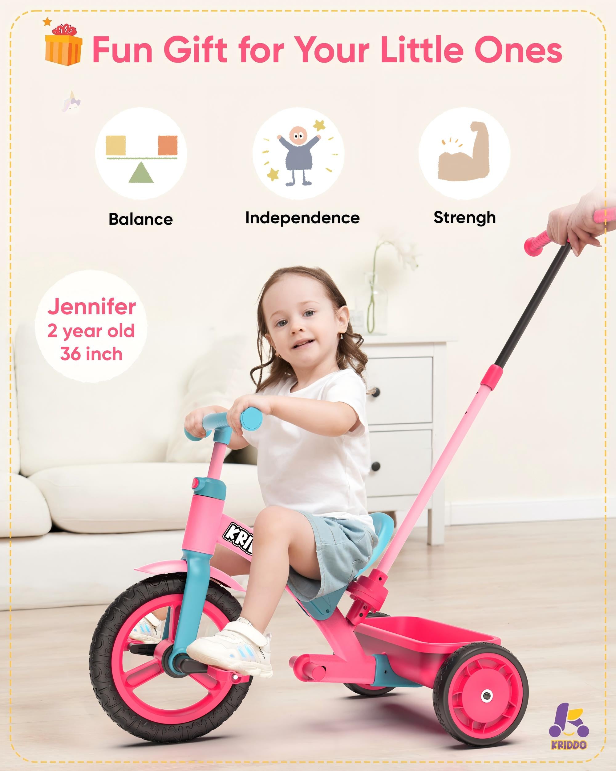 KRIDDO 4-IN-1 Kids Tricycle with Adjustable Parent Handle for 2 to 5 Years Old