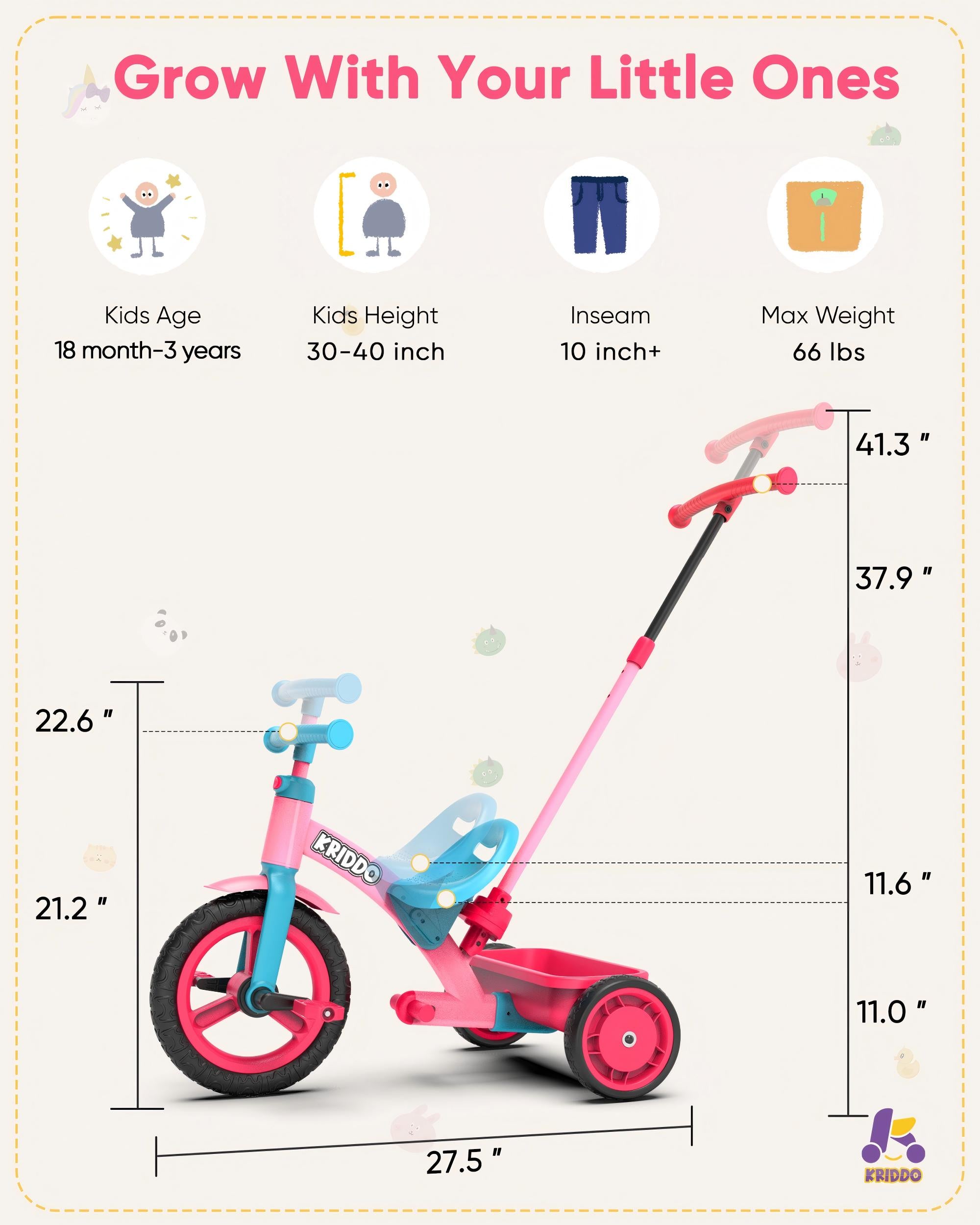 KRIDDO 4-IN-1 Kids Tricycle with Adjustable Parent Handle for 2 to 5 Years Old