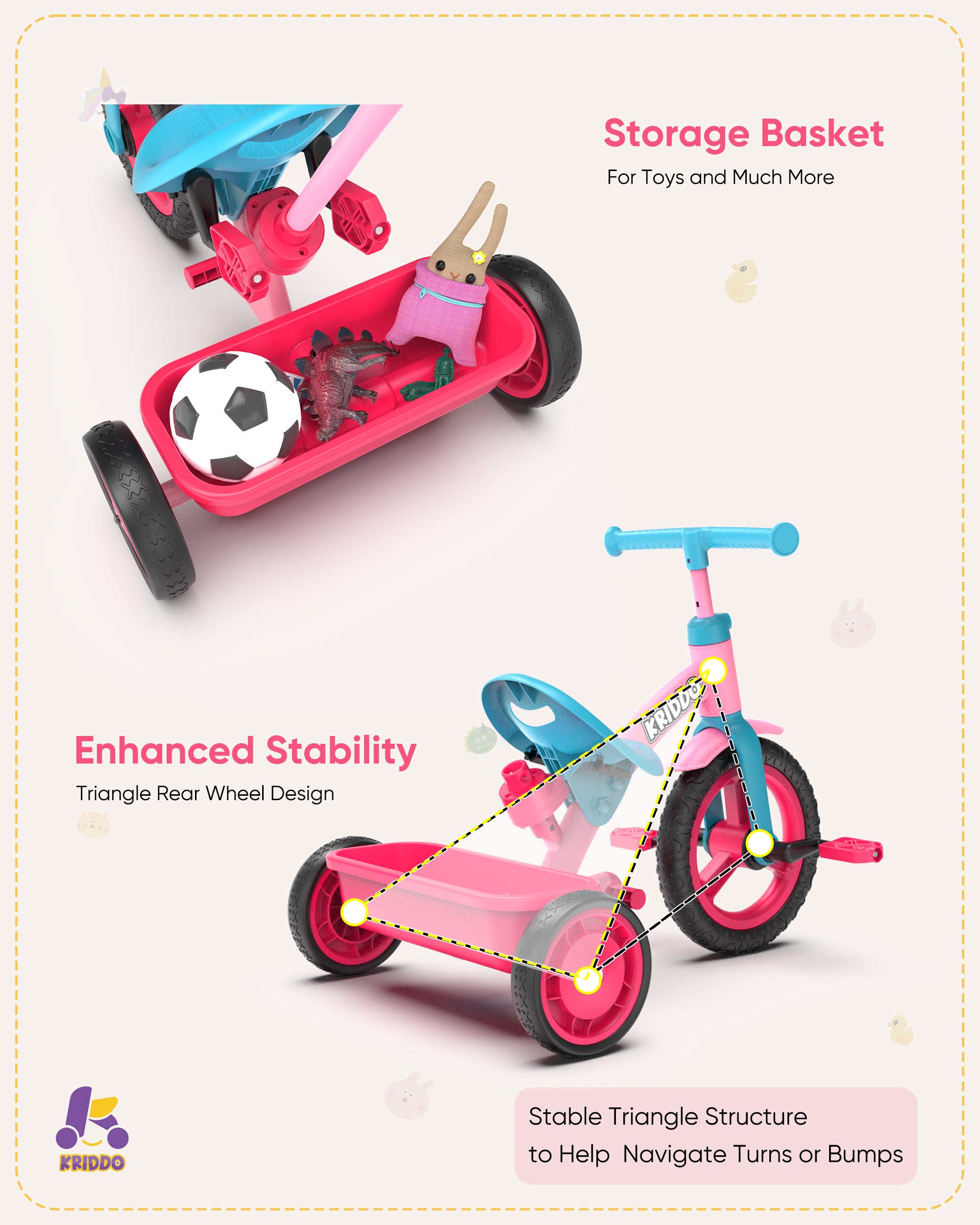 KRIDDO 4-IN-1 Kids Tricycle with Adjustable Parent Handle for 2 to 5 Years Old