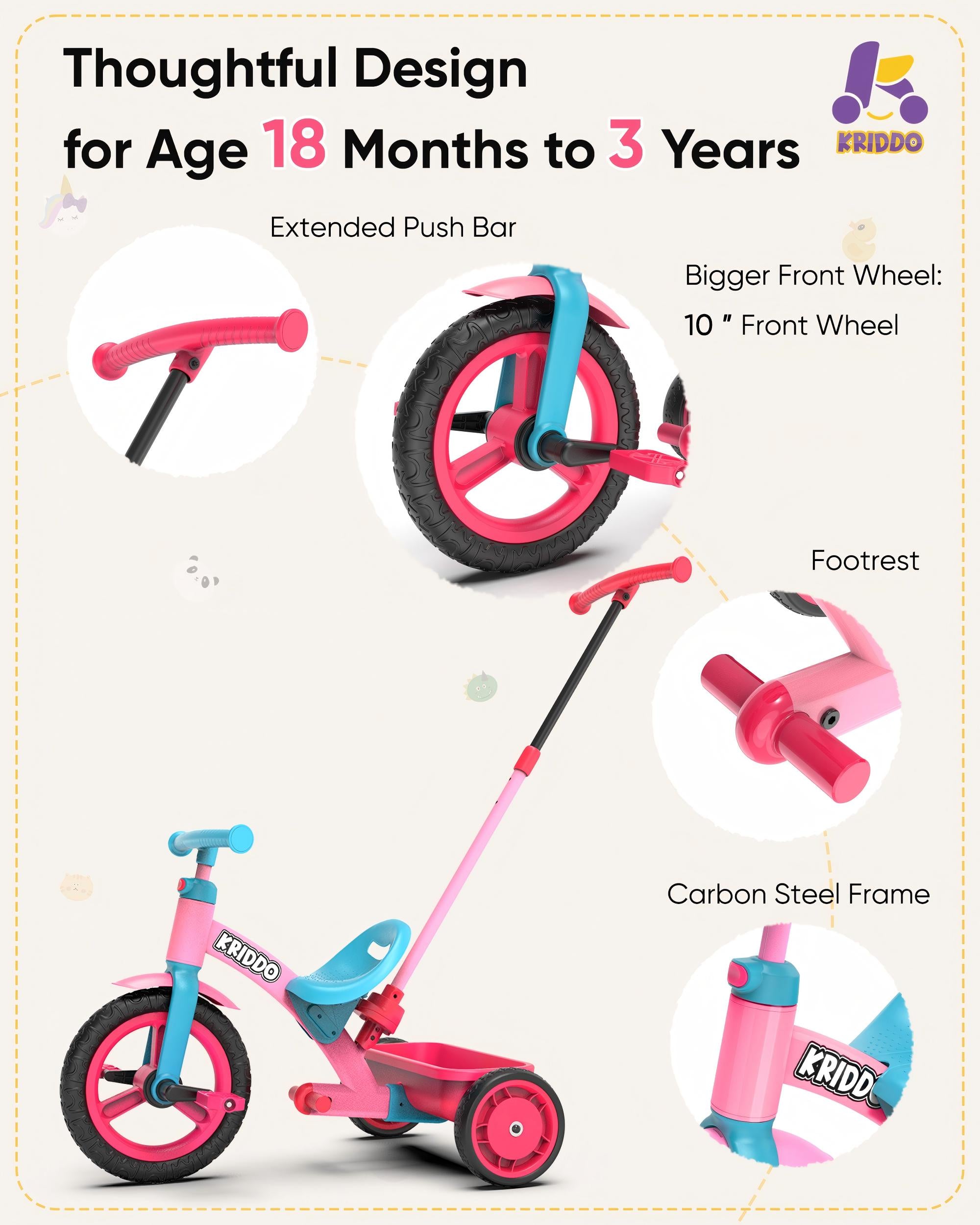 KRIDDO 4-IN-1 Kids Tricycle with Adjustable Parent Handle for 2 to 5 Years Old