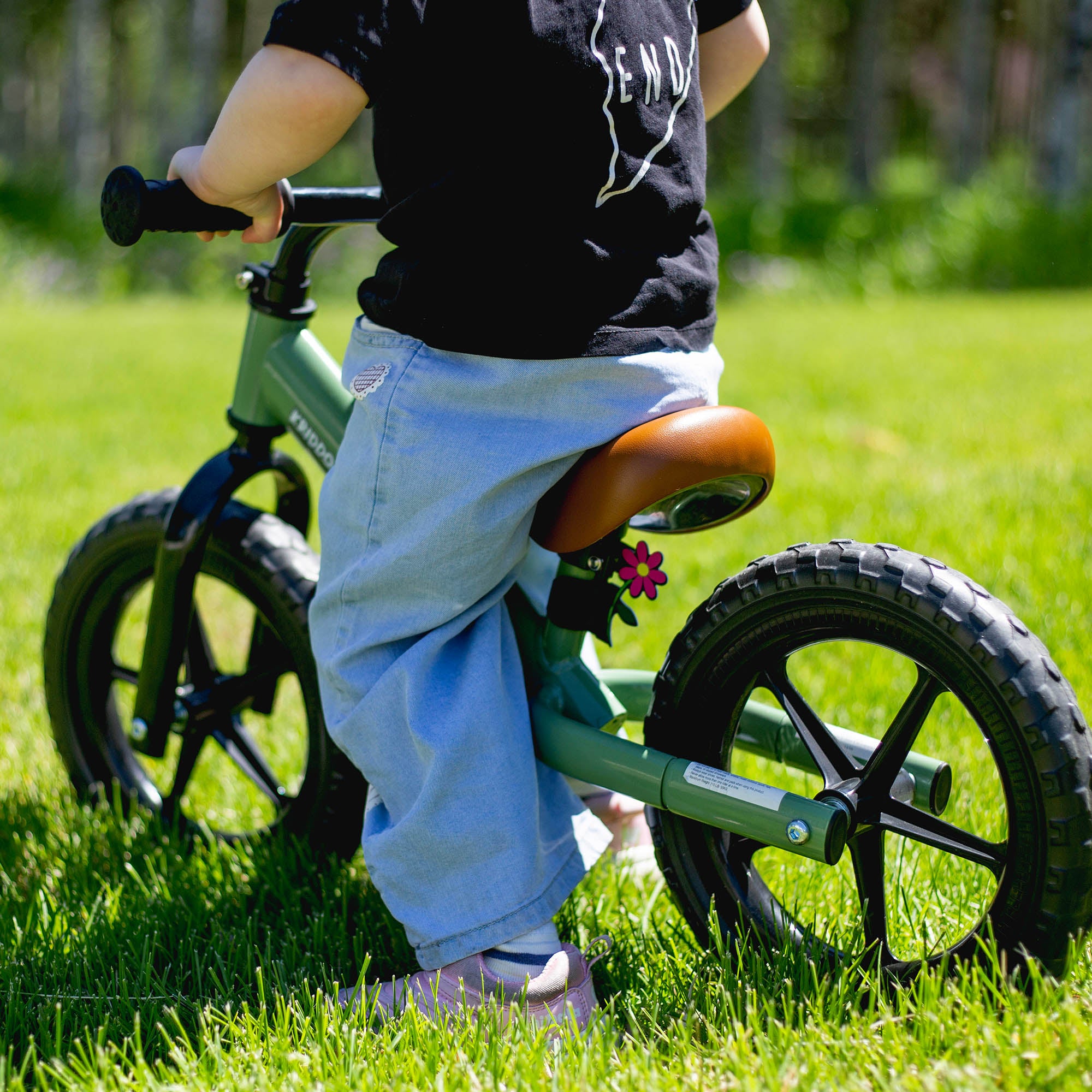 Kid on KRIDDO dual bearing balance bike in a grassy area