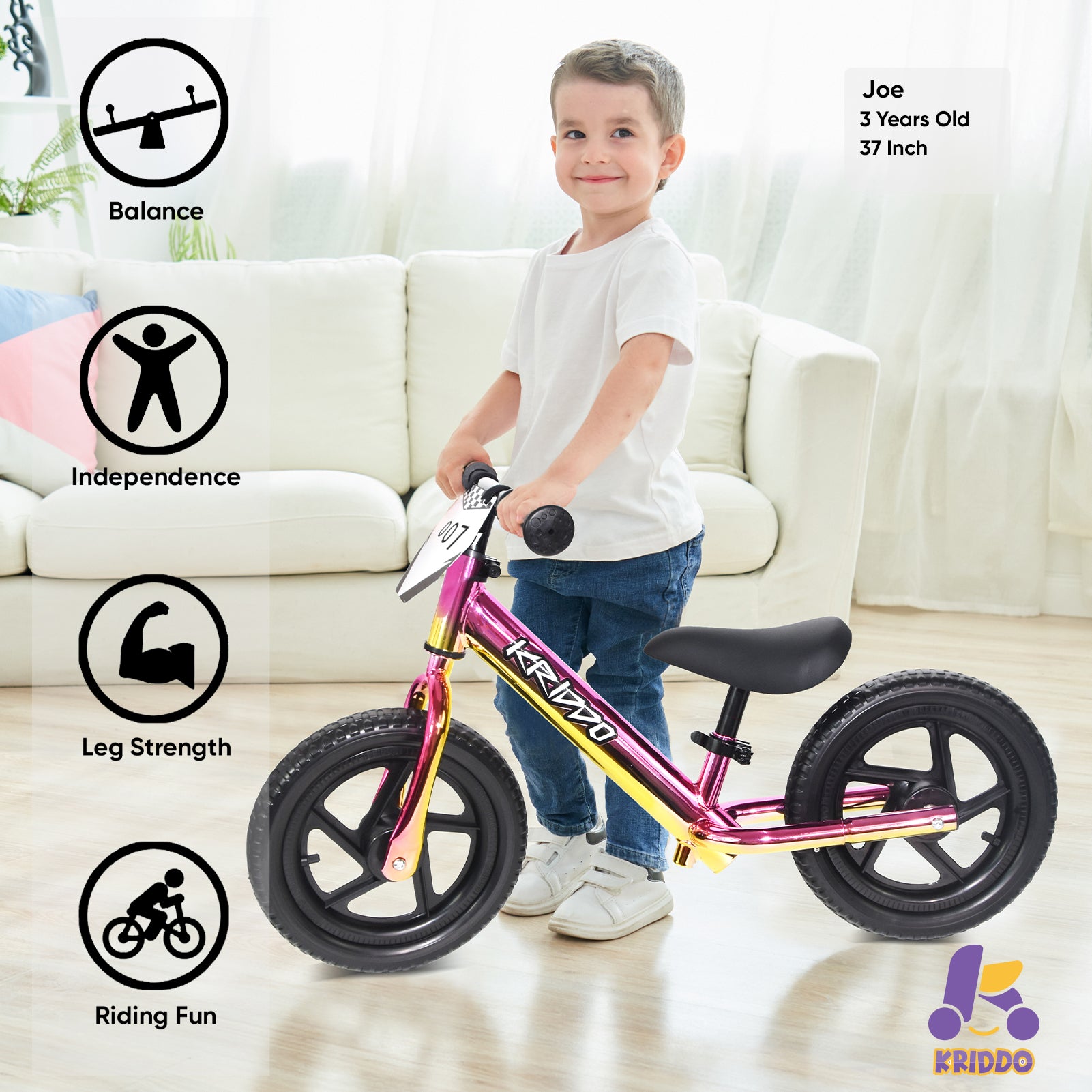 Kriddo Toddler Balance Bike with Customize Plate for 18 Months to 3 Years Old Xpink