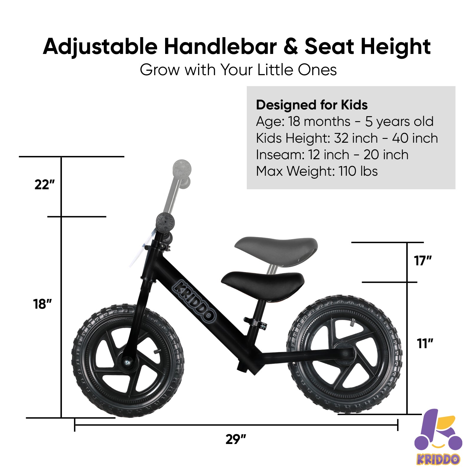 Kriddo Toddler Balance Bike with Customize Plate for 18 Months to 3 Years Old Black