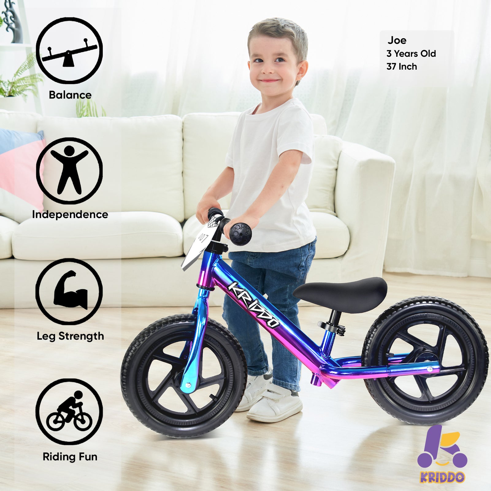 Kriddo Toddler Balance Bike with Customize Plate for 18 Months to 3 Years Old Blue