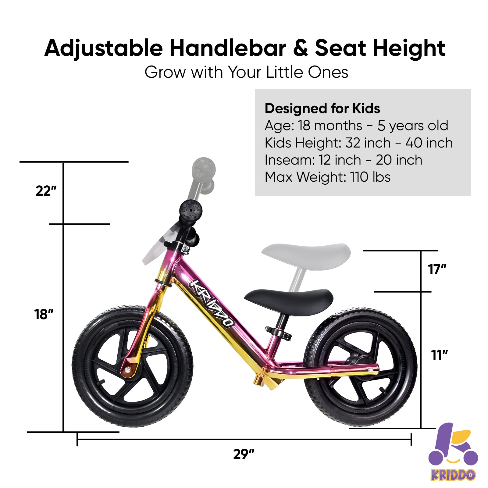 Kriddo Toddler Balance Bike with Customize Plate for 18 Months to 3 Years Old Xpink