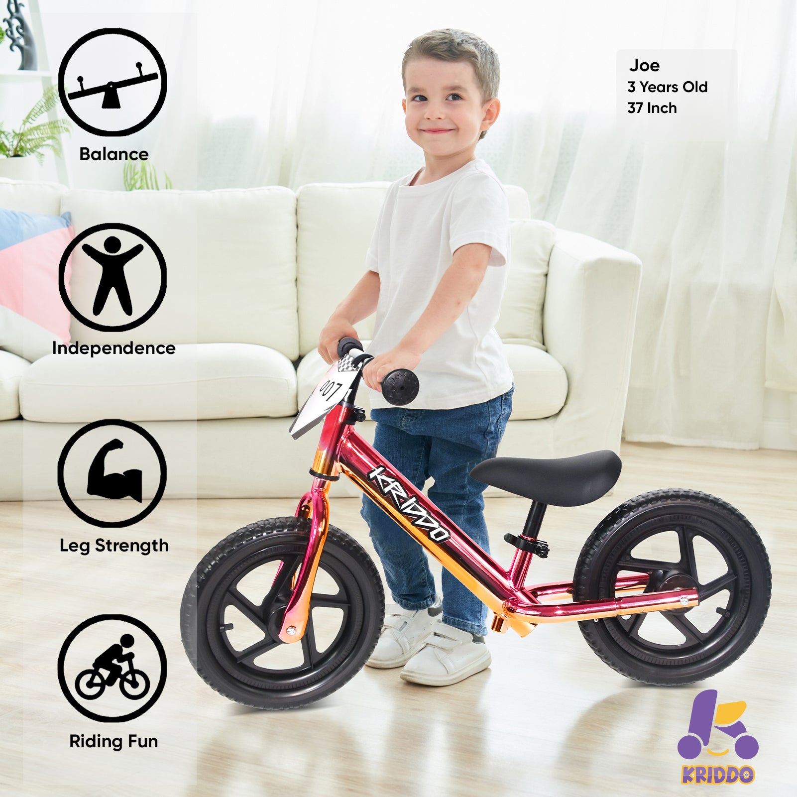 Kriddo Toddler Balance Bike with Customize Plate for 18 Months to 3 Years Old Red