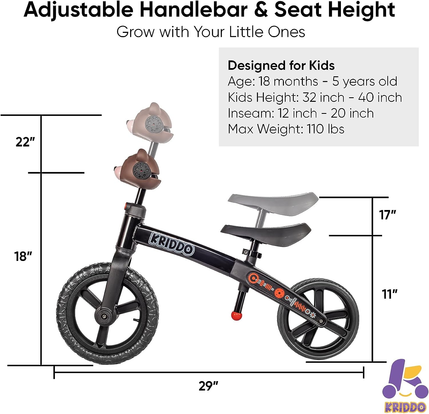 KRIDDO Toddler Balance Bike 2 Year Old, Age 18 Months to 5 Years Old, Early Learning Interactive Push Bicycle with Steady Balancing and Footrest, Gift for 2-5 Boys Girls, Black Dual
