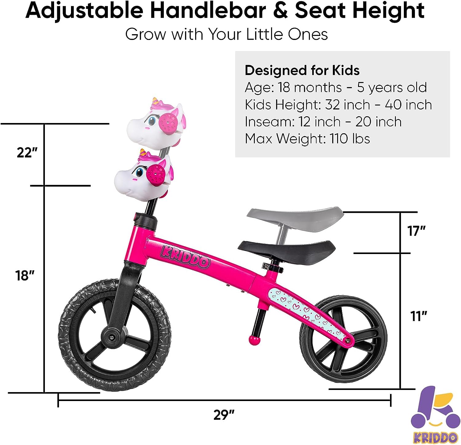 KRIDDO Toddler Balance Bike 2 Year Old, Age 18 Months to 5 Years Old, Early Learning Interactive Push Bicycle with Steady Balancing and Footrest, Gift for 2-5 Boys Girls, Pink Dual
