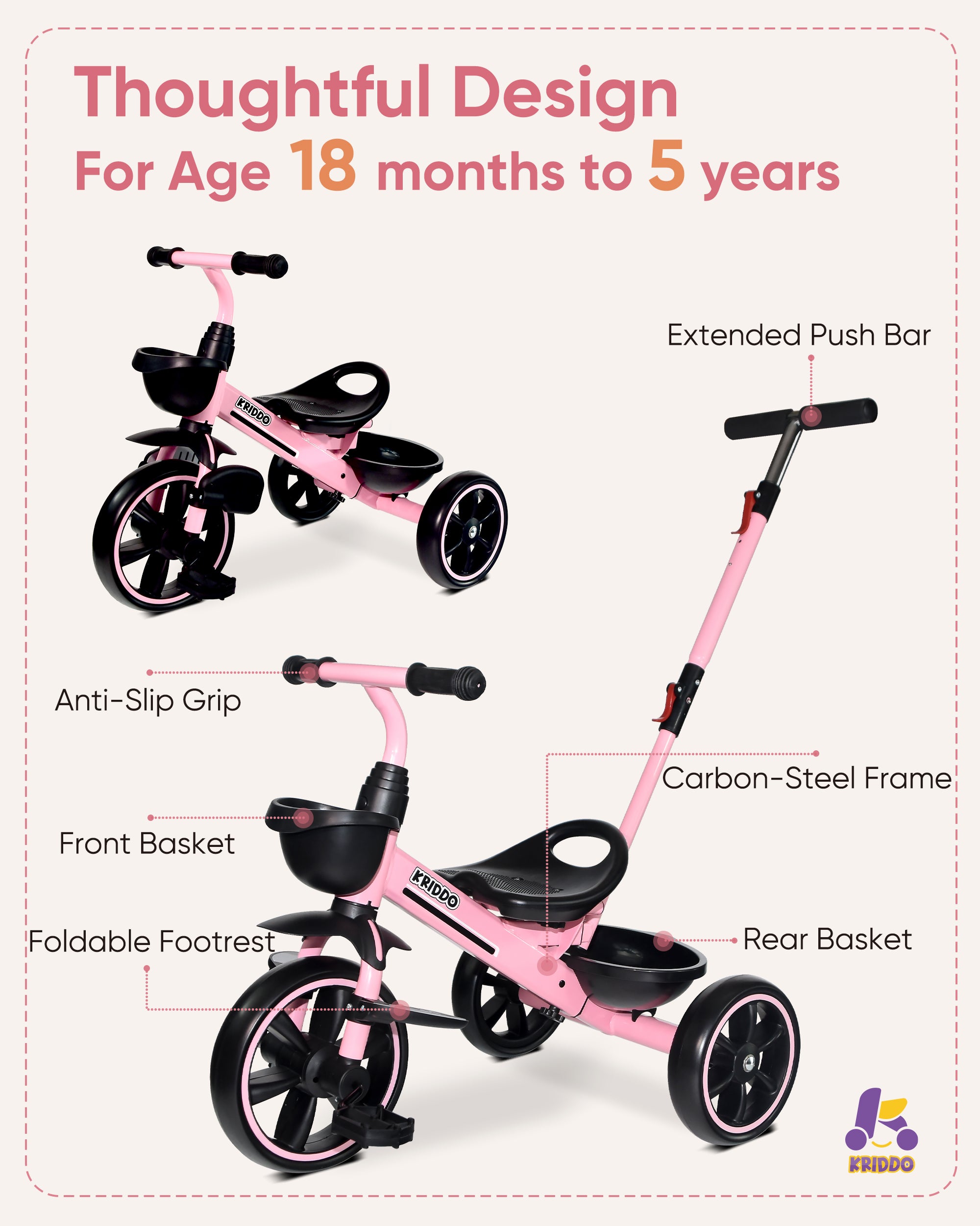 Kriddo Kids Tricycle with Adjustable Parent Handle for 2 to 5 Years Old Pink 2-in-1 