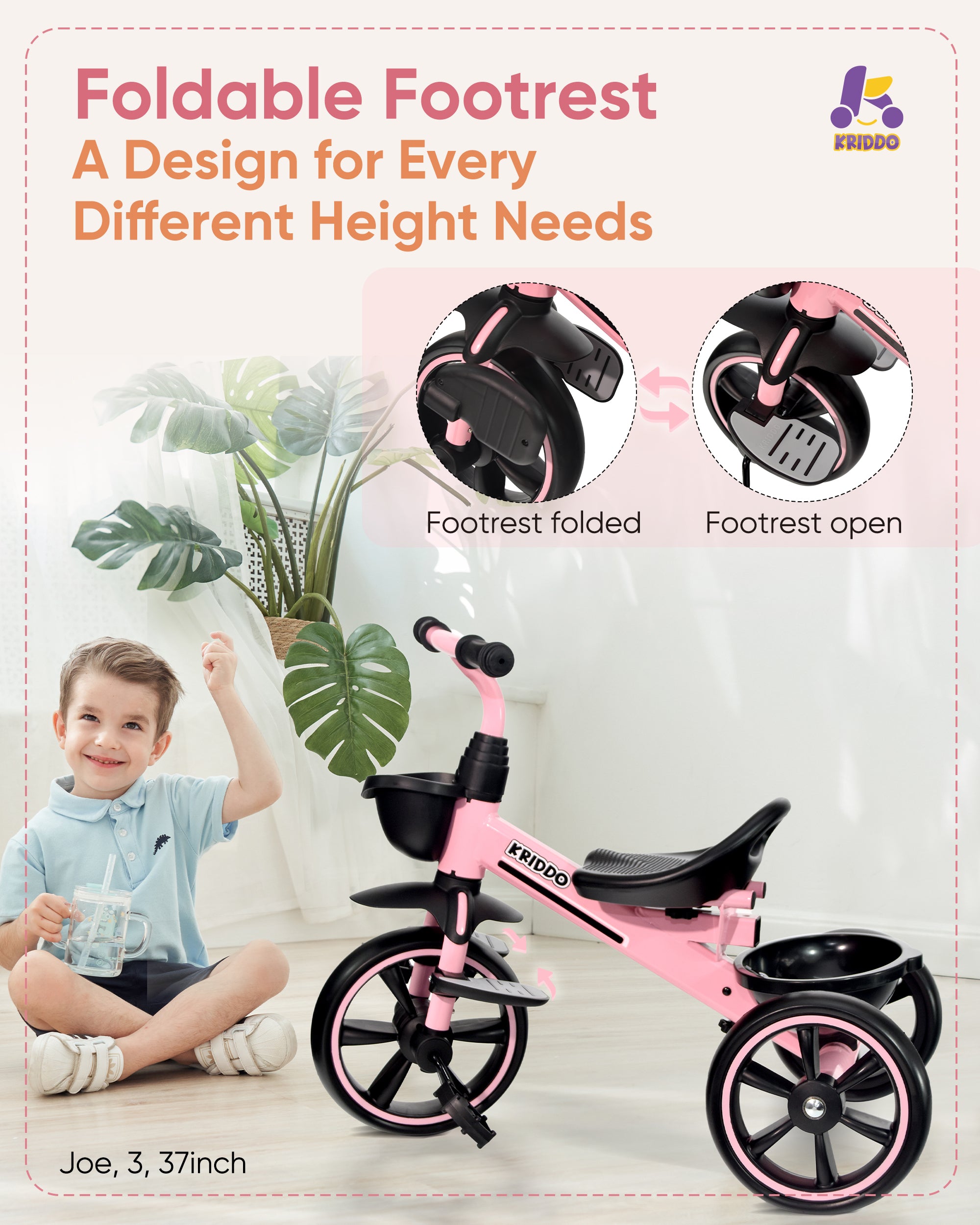 Kriddo Kids Tricycle with Adjustable Parent Handle for 2 to 5 Years Old Pink 2-in-1 