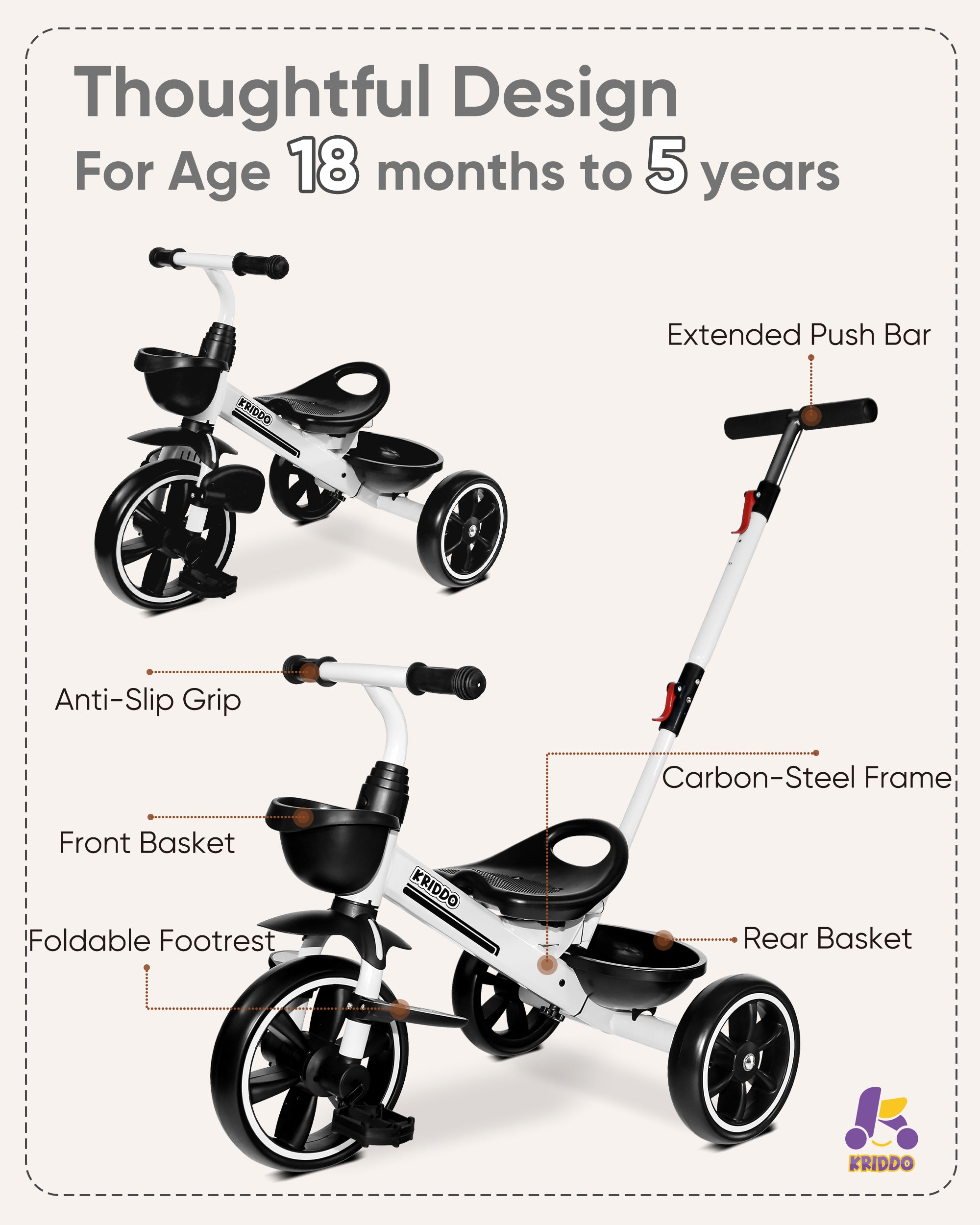 Kriddo Kids Tricycle with Adjustable Parent Handle for 2 to 5 Years Old White 2-in-1