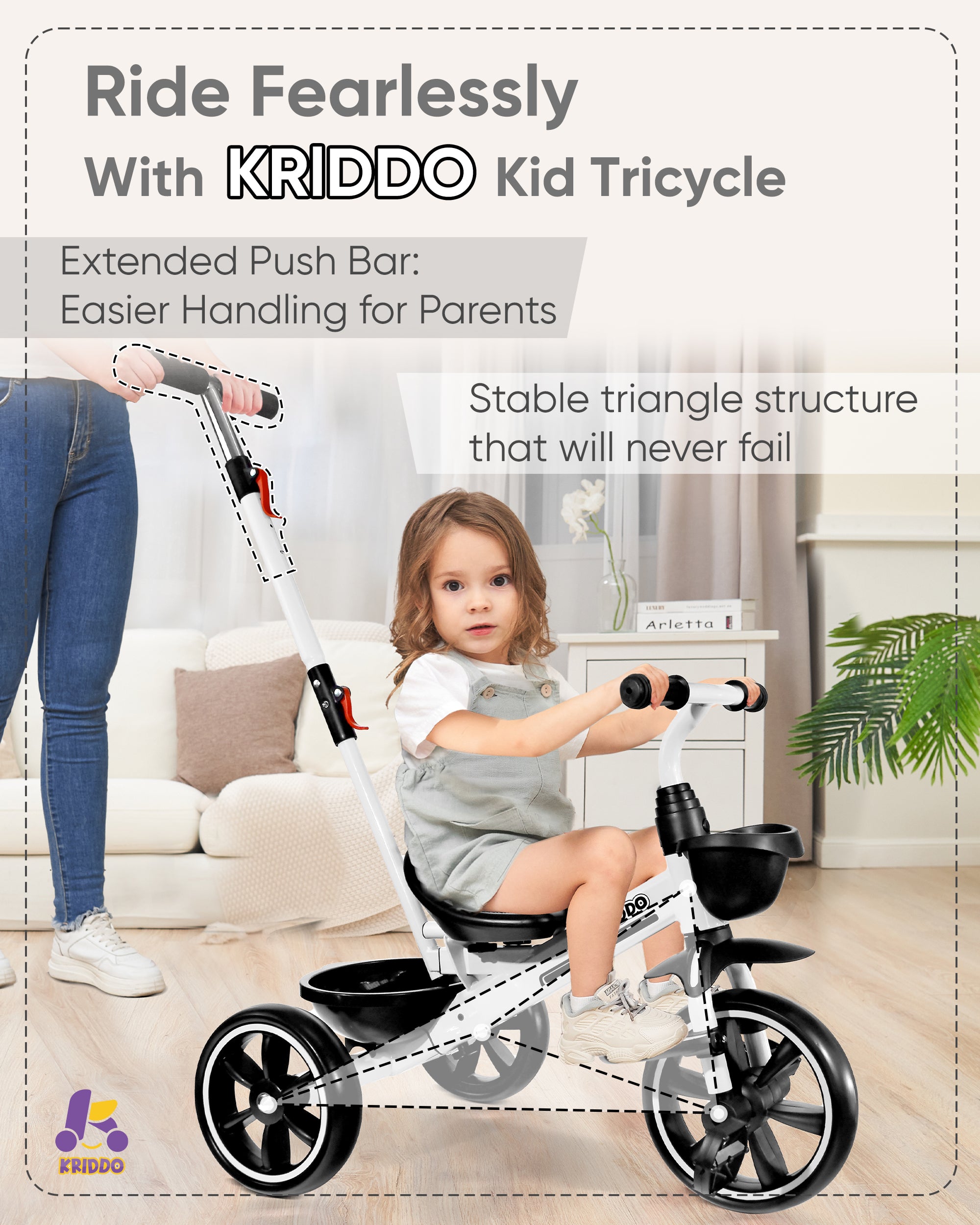 Kriddo Kids Tricycle with Adjustable Parent Handle for 2 to 5 Years Old White 2-in-1