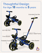 Kriddo Kids Tricycle with Adjustable Parent Handle for 2 to 5 Years Old Blue 2-in-1