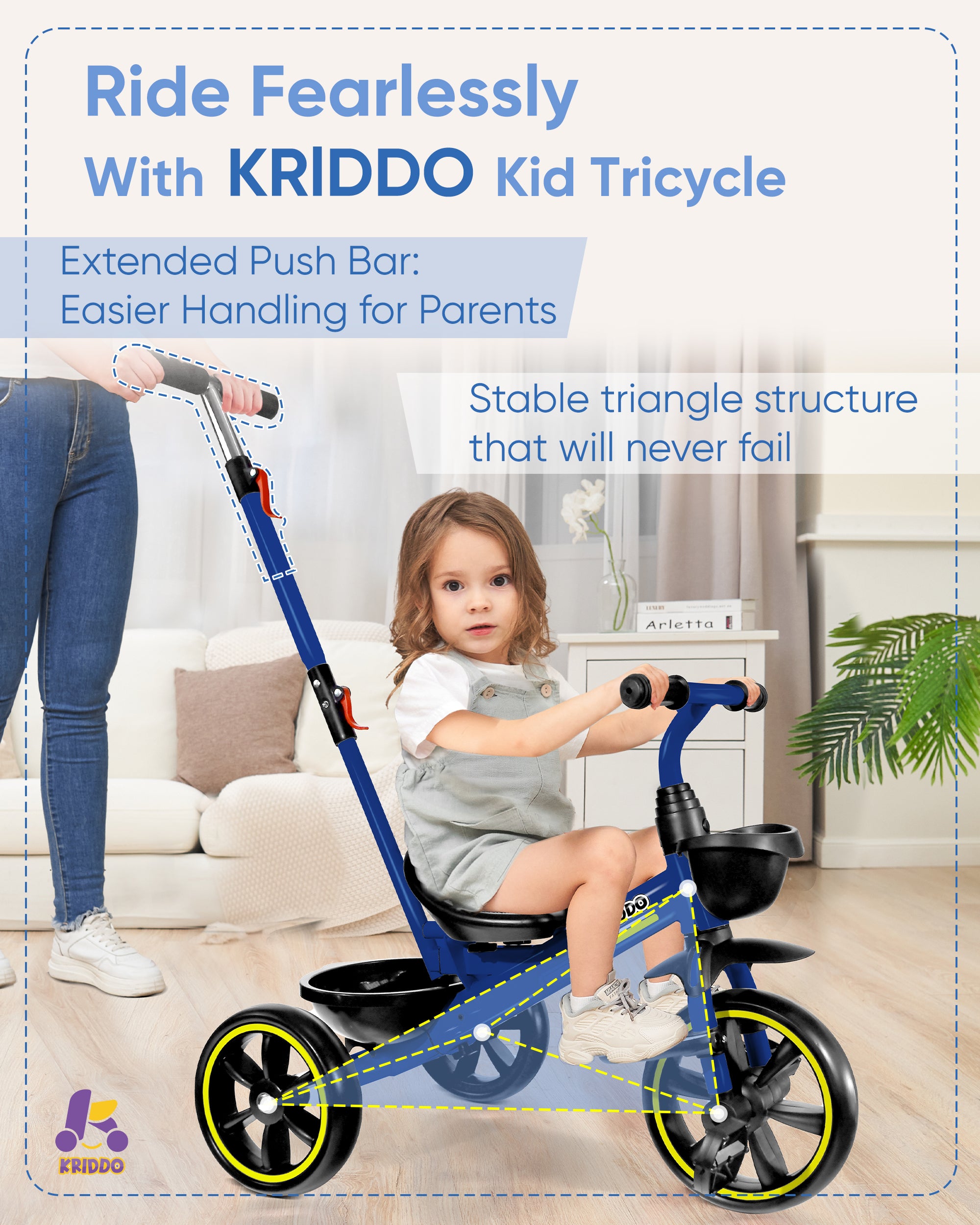 Kriddo Kids Tricycle with Adjustable Parent Handle for 2 to 5 Years Old Blue 2-in-1