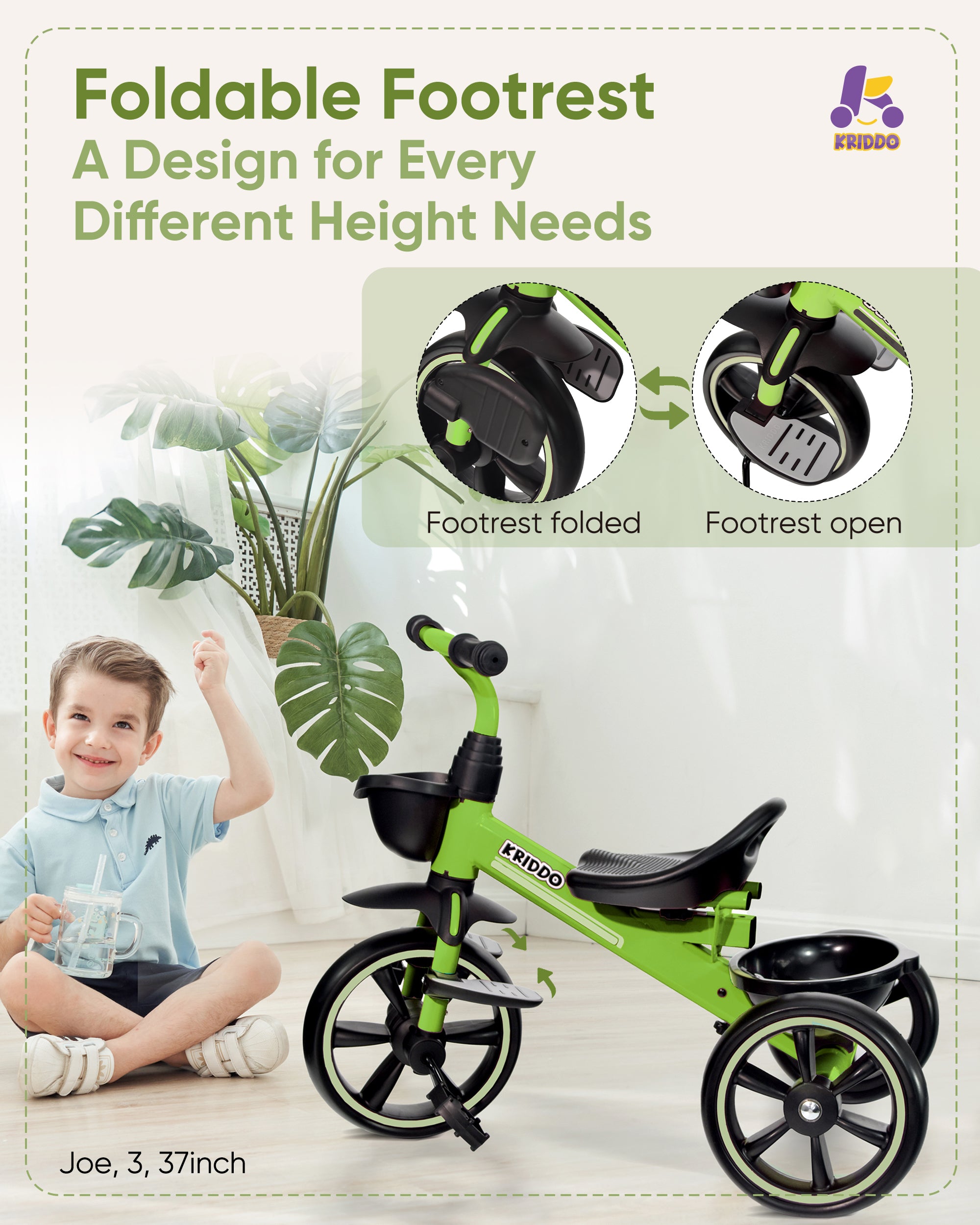 Kriddo Kids Tricycle with Adjustable Parent Handle for 2 to 5 Years Old Green 2-in-1