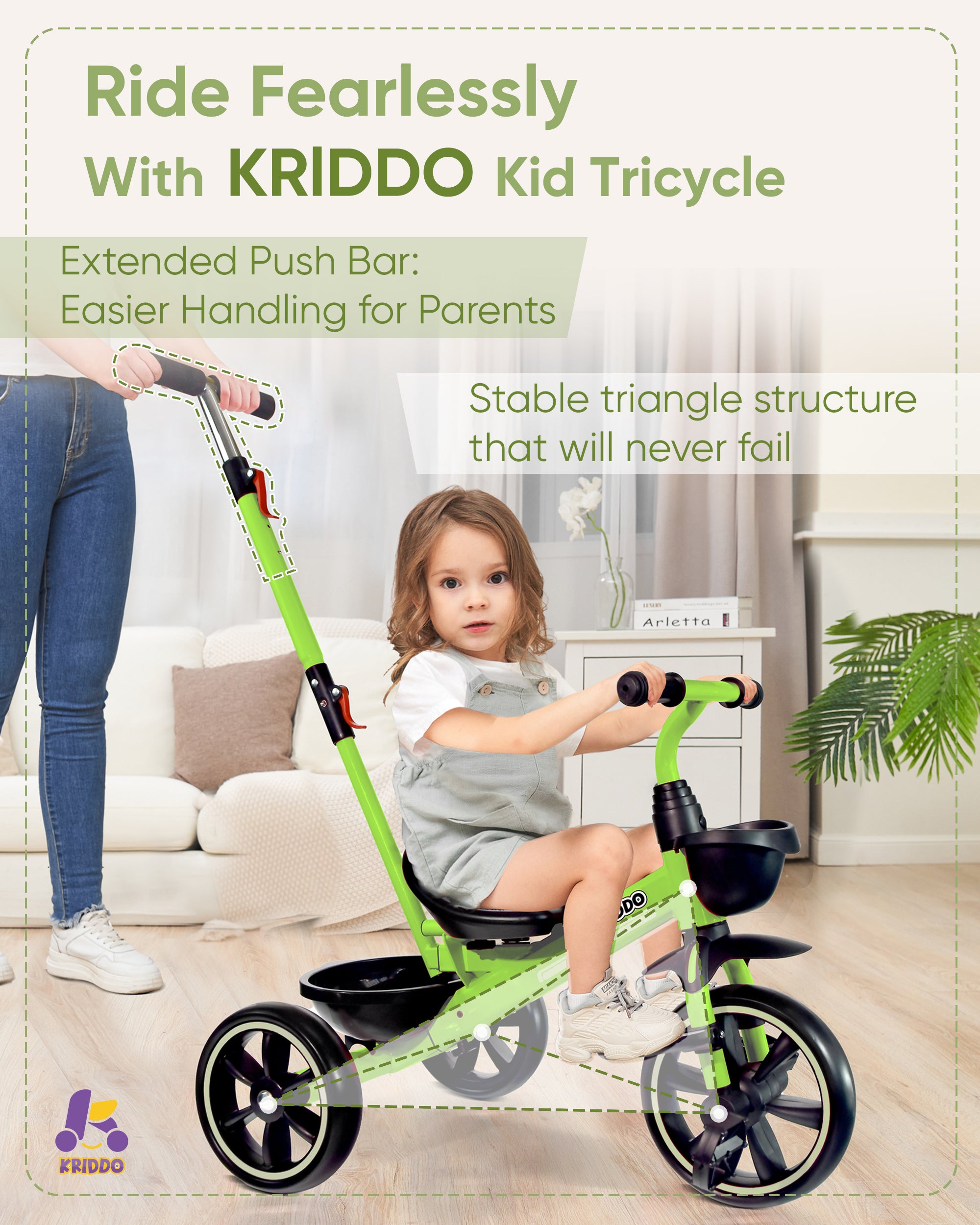 Kriddo Kids Tricycle with Adjustable Parent Handle for 2 to 5 Years Old Green 2-in-1