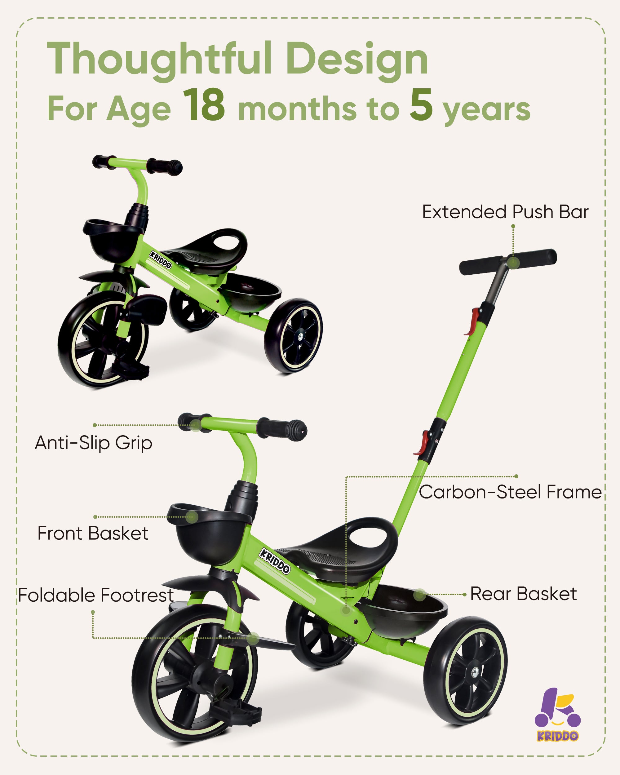 Kriddo Kids Tricycle with Adjustable Parent Handle for 2 to 5 Years Old Green 2-in-1