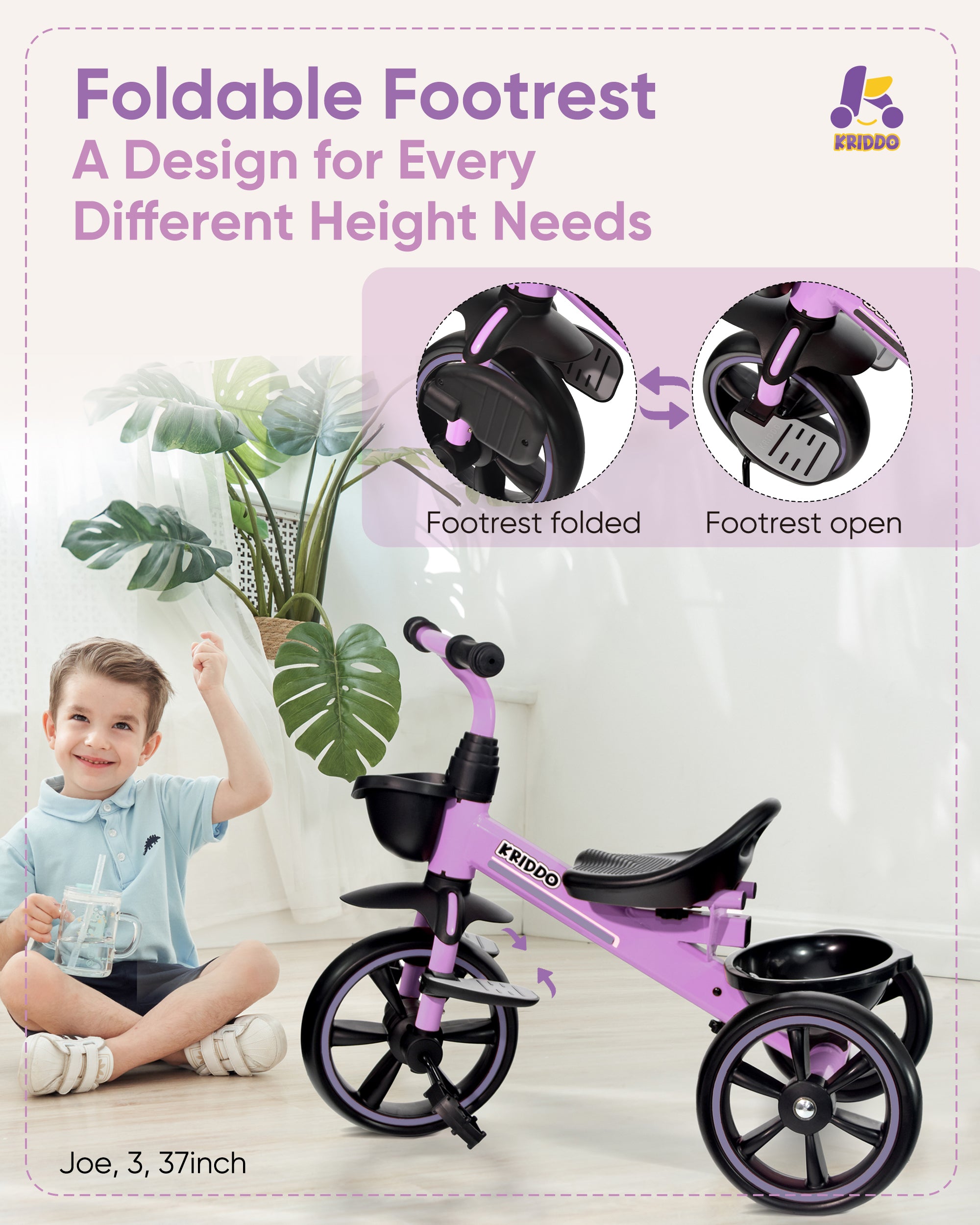 Kriddo Kids Tricycle with Adjustable Parent Handle for 2 to 5 Years Old Purple 2-in-1 