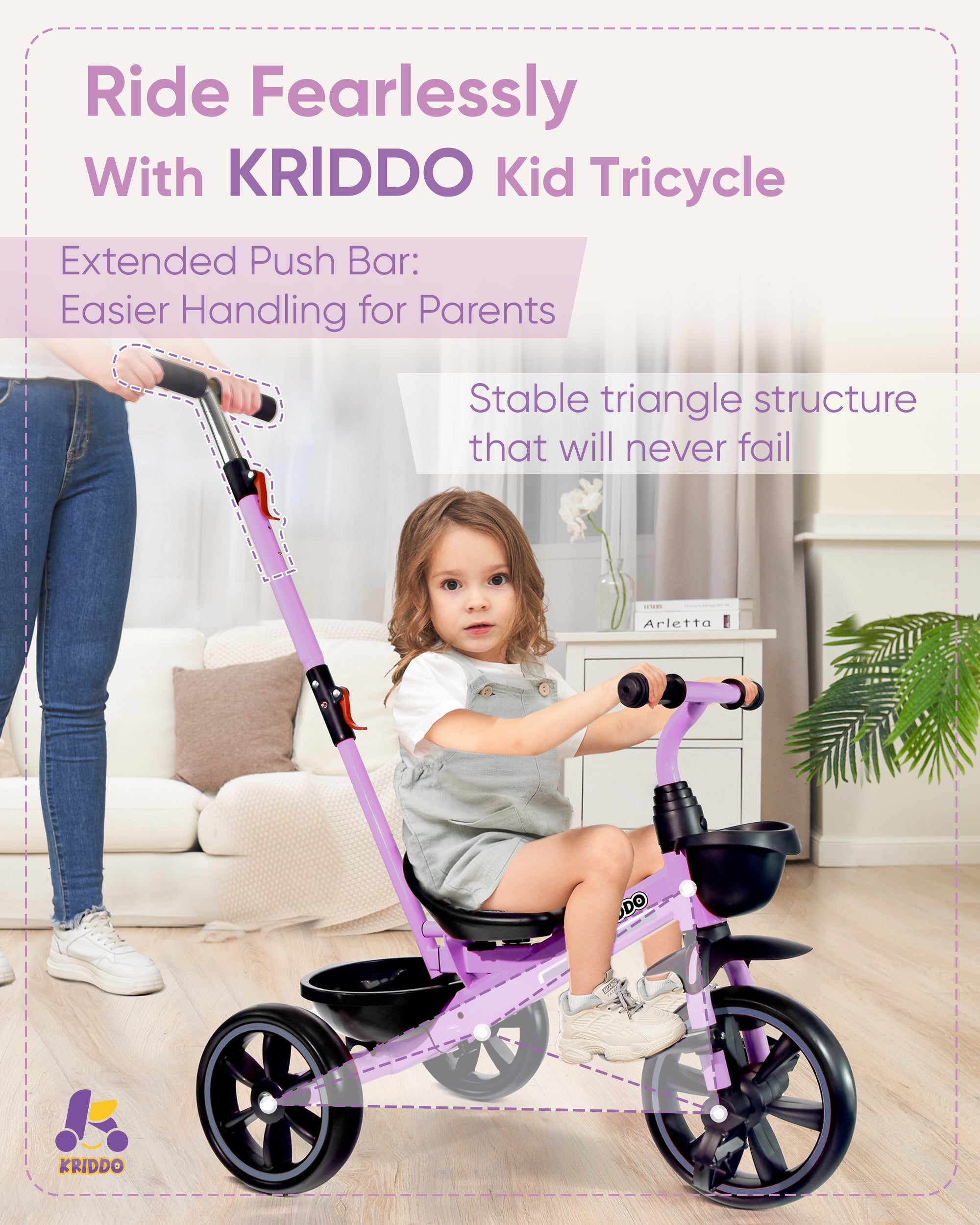 Kriddo Kids Tricycle with Adjustable Parent Handle for 2 to 5 Years Old Purple 2-in-1 