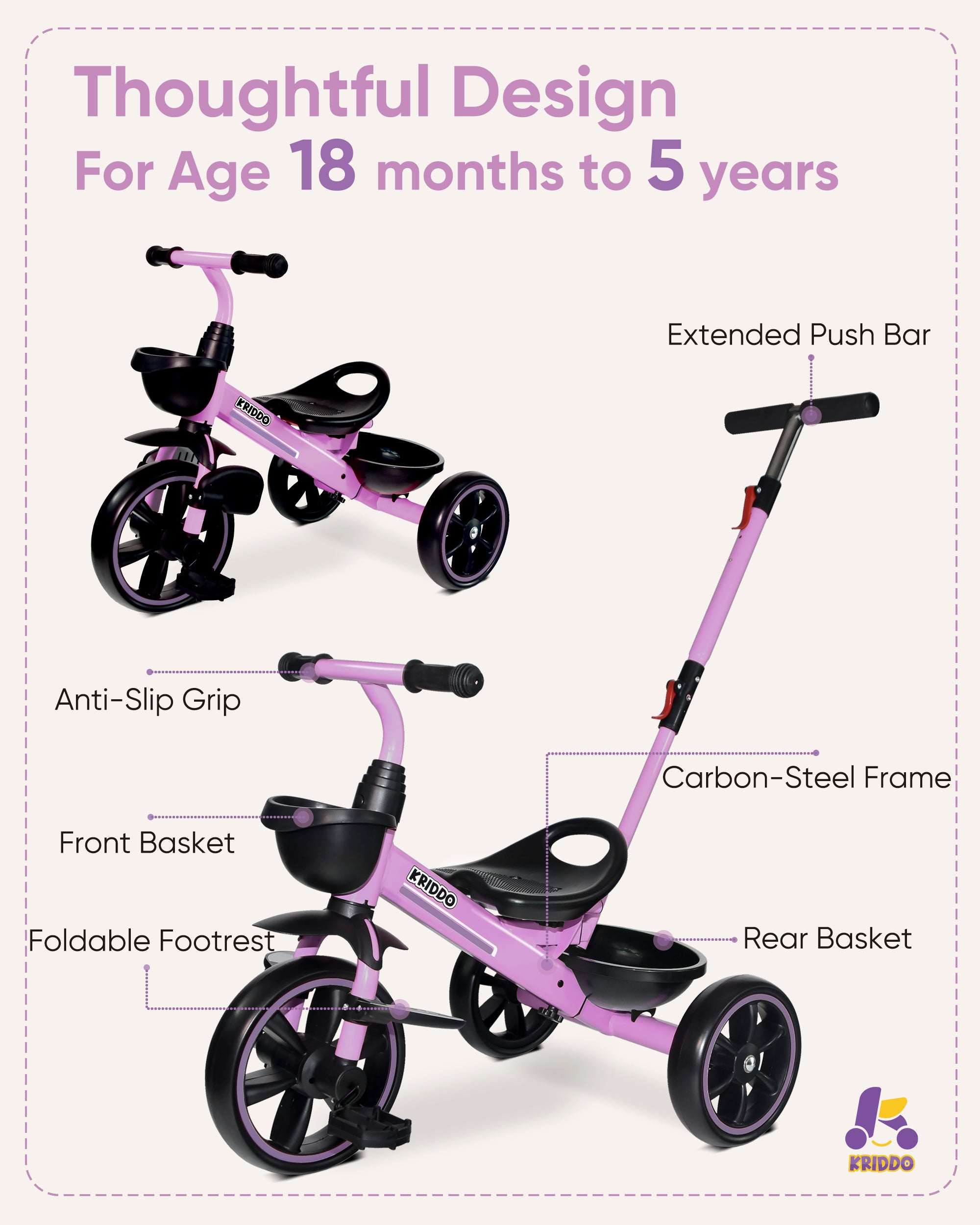 Kriddo Kids Tricycle with Adjustable Parent Handle for 2 to 5 Years Old Purple 2-in-1 