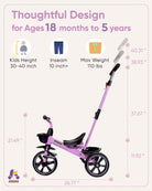 Kriddo Kids Tricycle with Adjustable Parent Handle for 2 to 5 Years Old Purple 2-in-1 