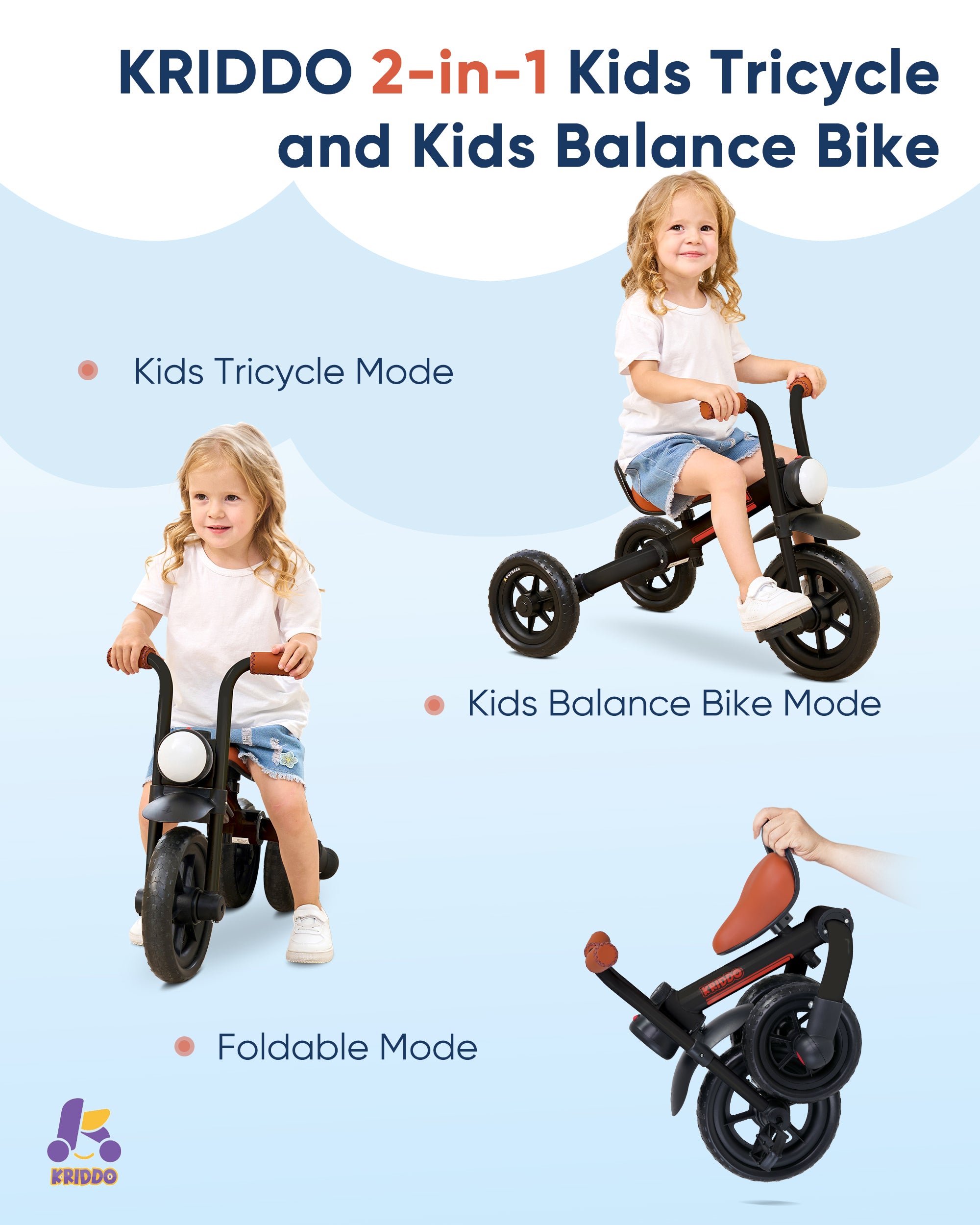 Kriddo Kids Foldable Tricycle with Headlight for 2 to 5 Years Old Black