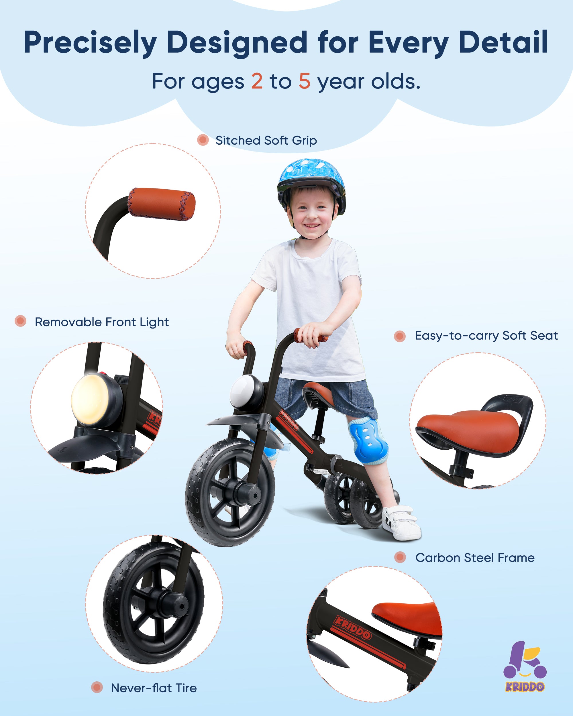 Kriddo Kids Foldable Tricycle with Headlight for 2 to 5 Years Old Black