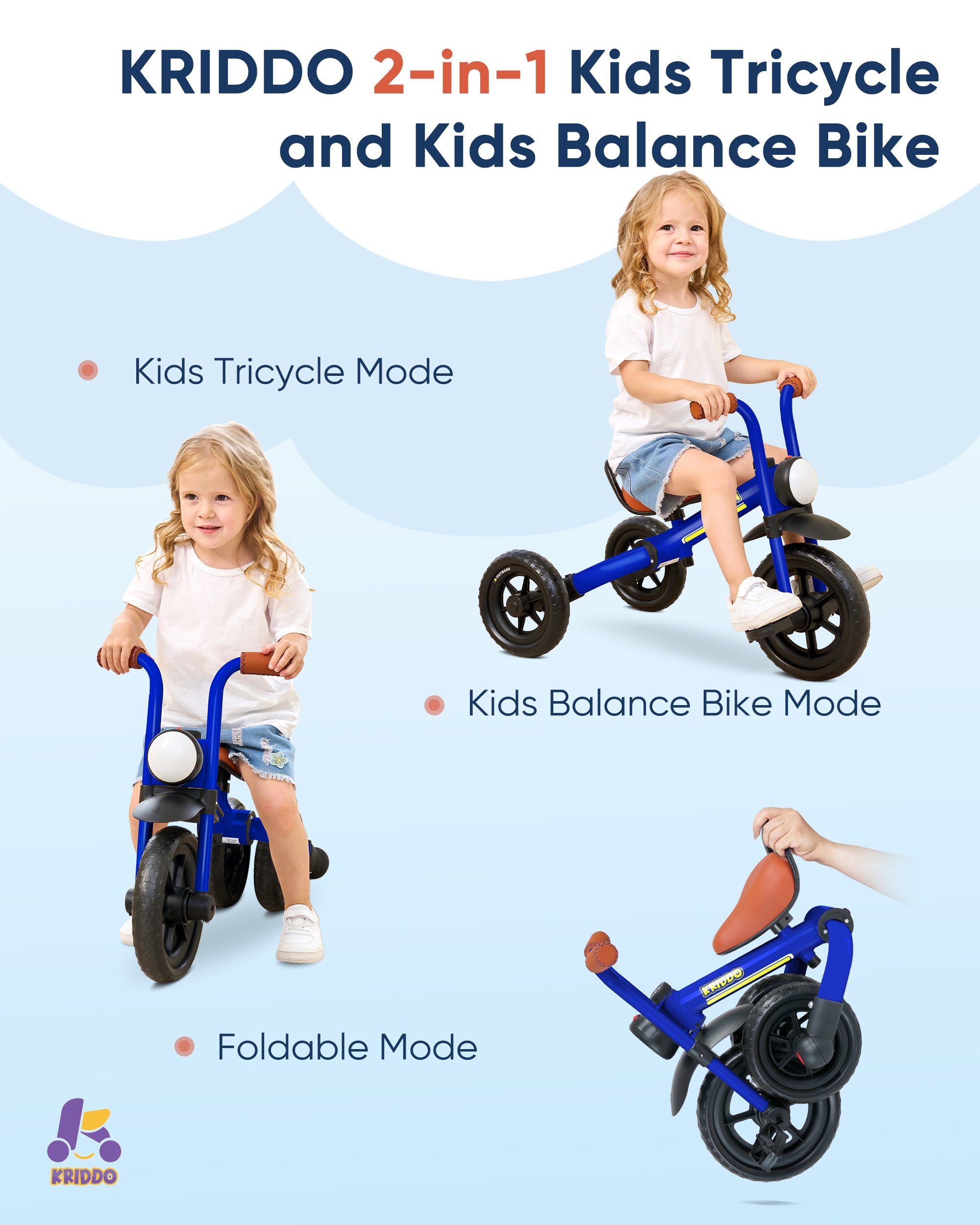 Kriddo Kids Foldable Tricycle with Headlight for 2 to 5 Years Old Blue