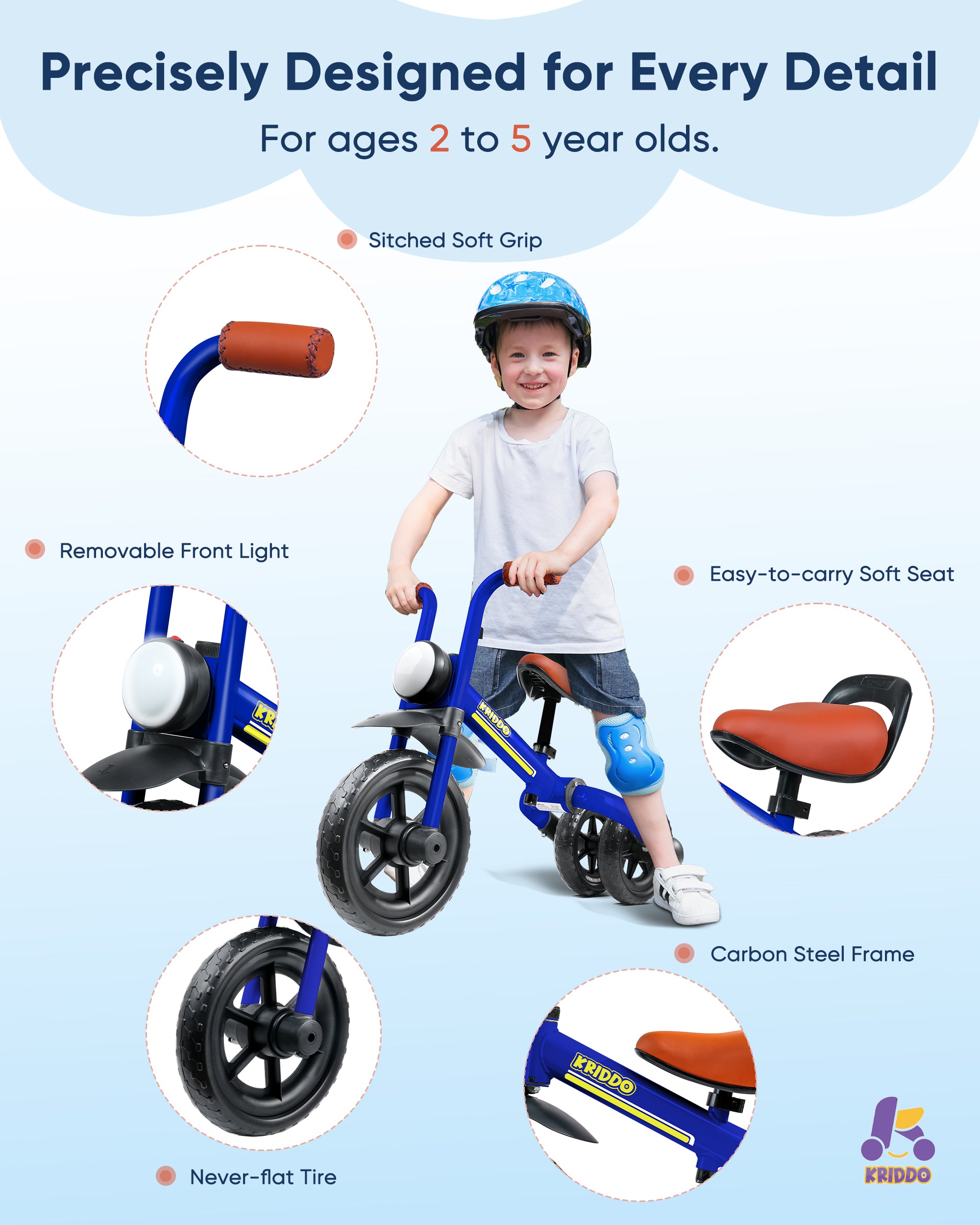 Kriddo Kids Foldable Tricycle with Headlight for 2 to 5 Years Old Blue