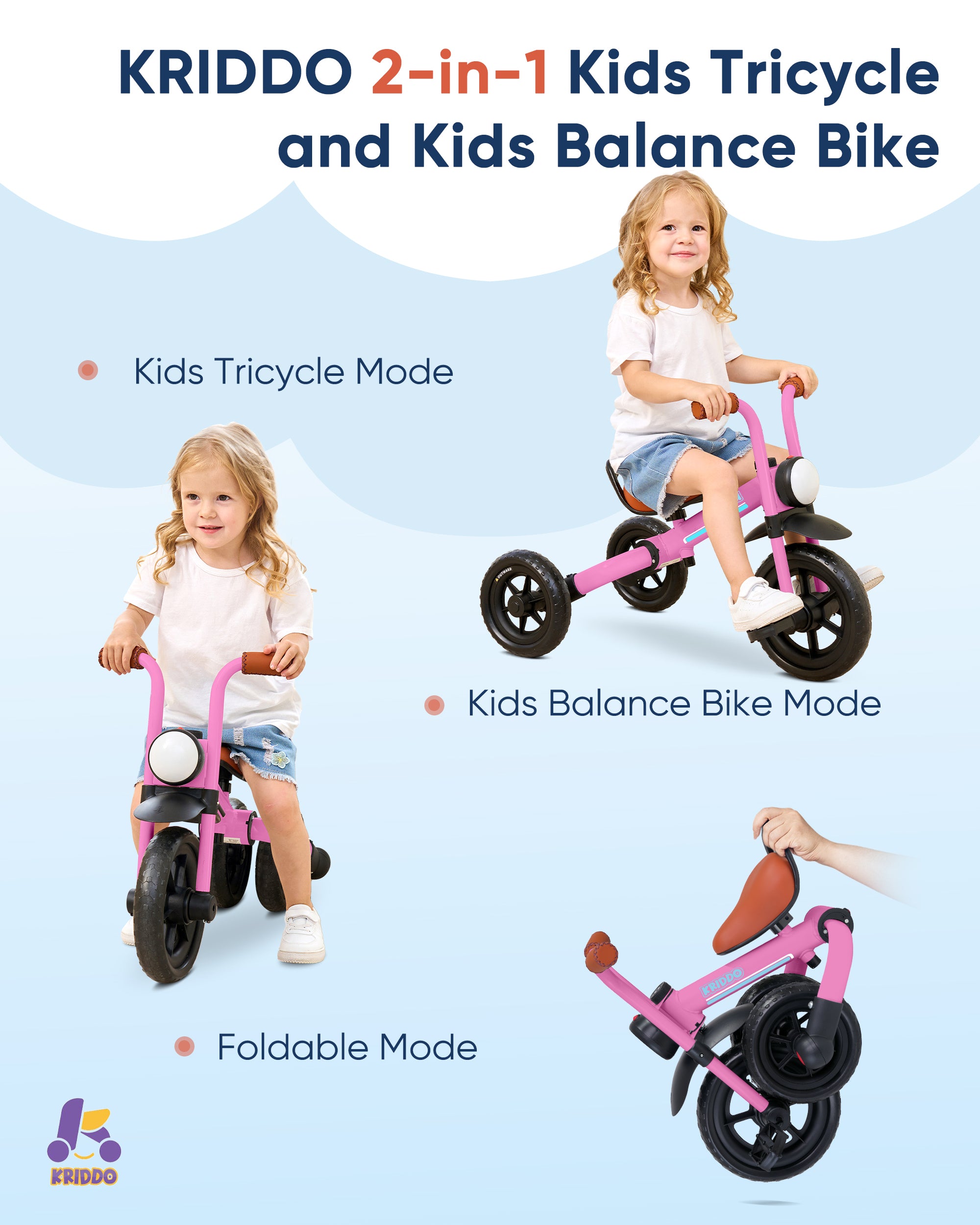 Kriddo Kids Foldable Tricycle with Headlight for 2 to 5 Years Old Pink