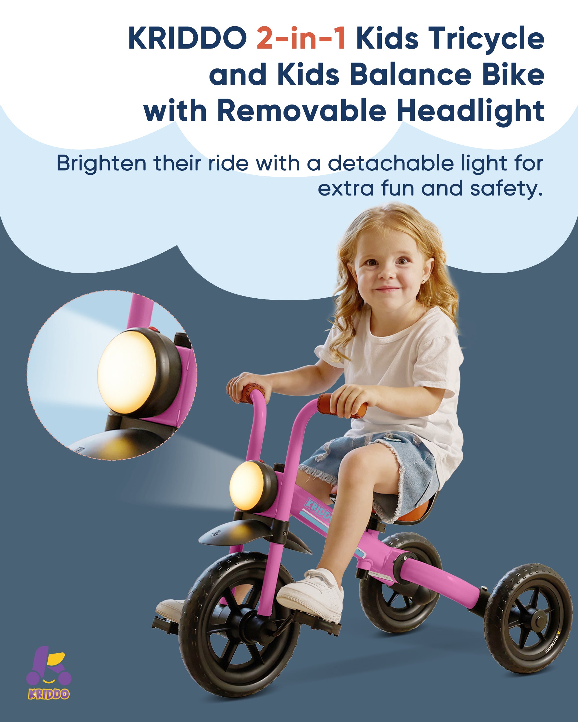 Kriddo Kids Foldable Tricycle with Headlight for 2 to 5 Years Old Pink