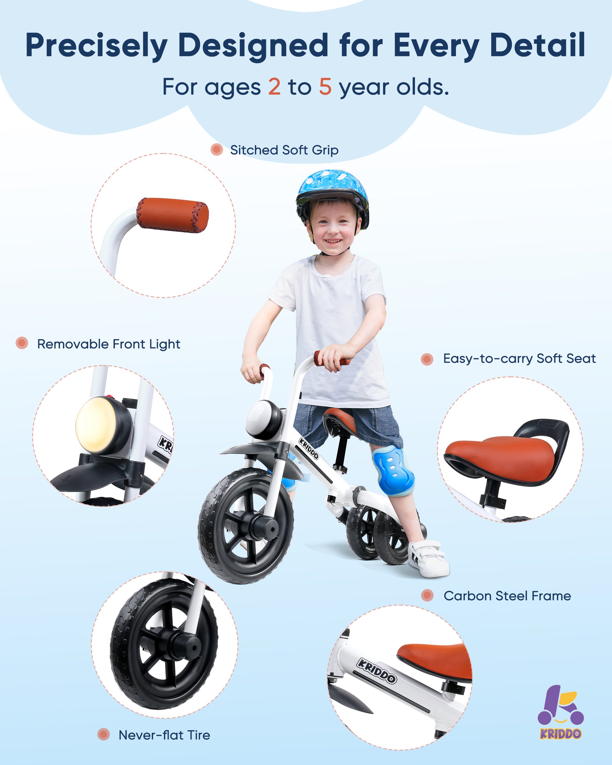 Kriddo Kids Foldable Tricycle with Headlight for 2 to 5 Years Old White