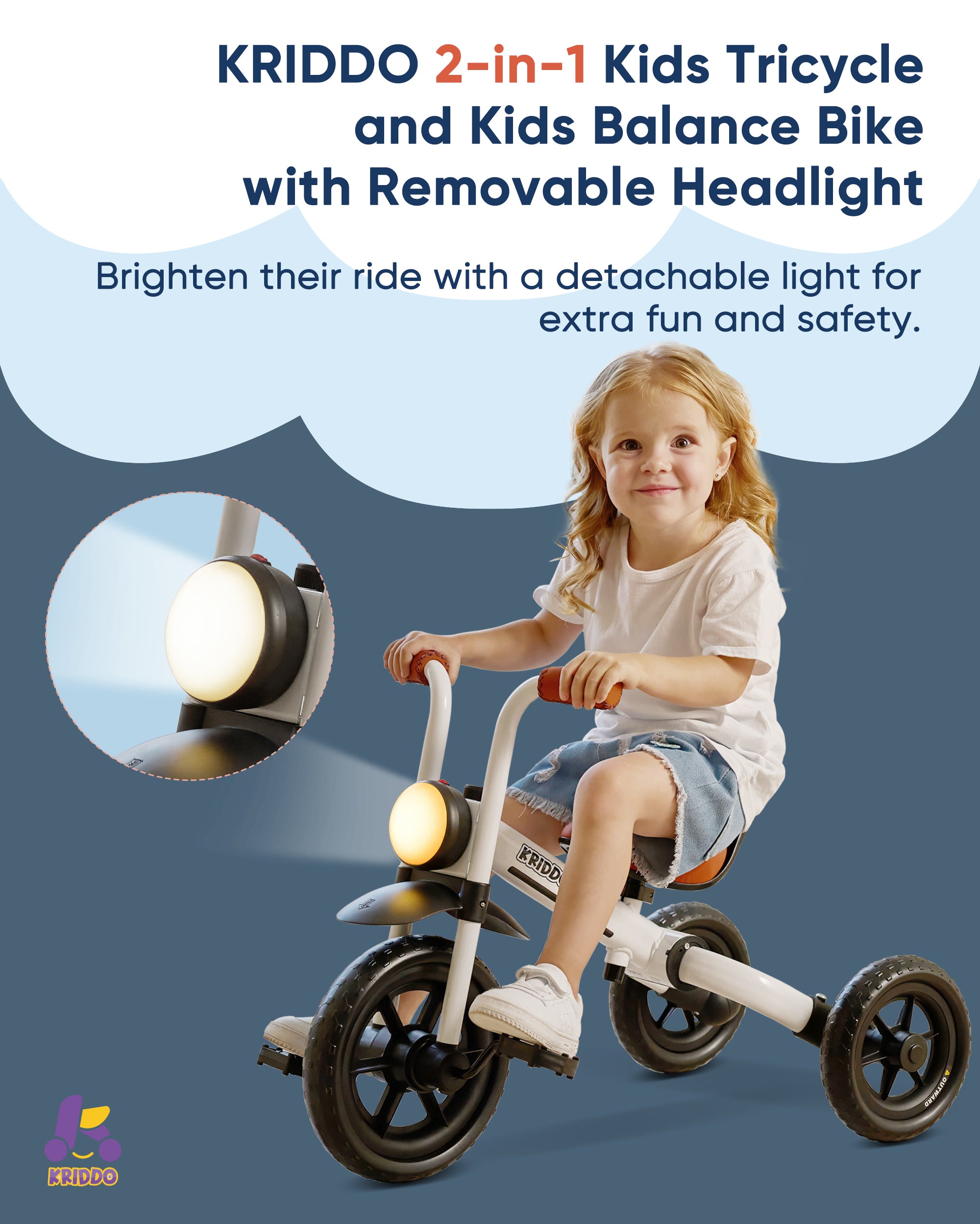 Kriddo Kids Foldable Tricycle with Headlight for 2 to 5 Years Old White