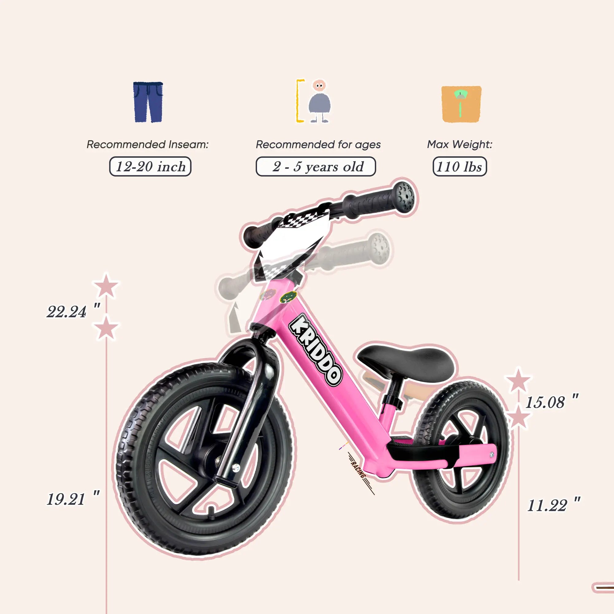 KRIDDO Toddler Beginner Bike for 2 to 5 Years Old with DIY Colorful Stickers Pink