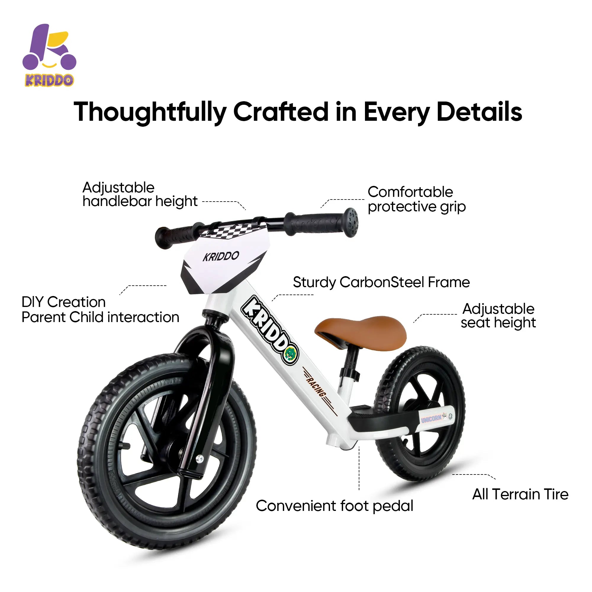 KRIDDO Toddler Beginner Bike for 2 to 5 Years Old with DIY Colorful Stickers White