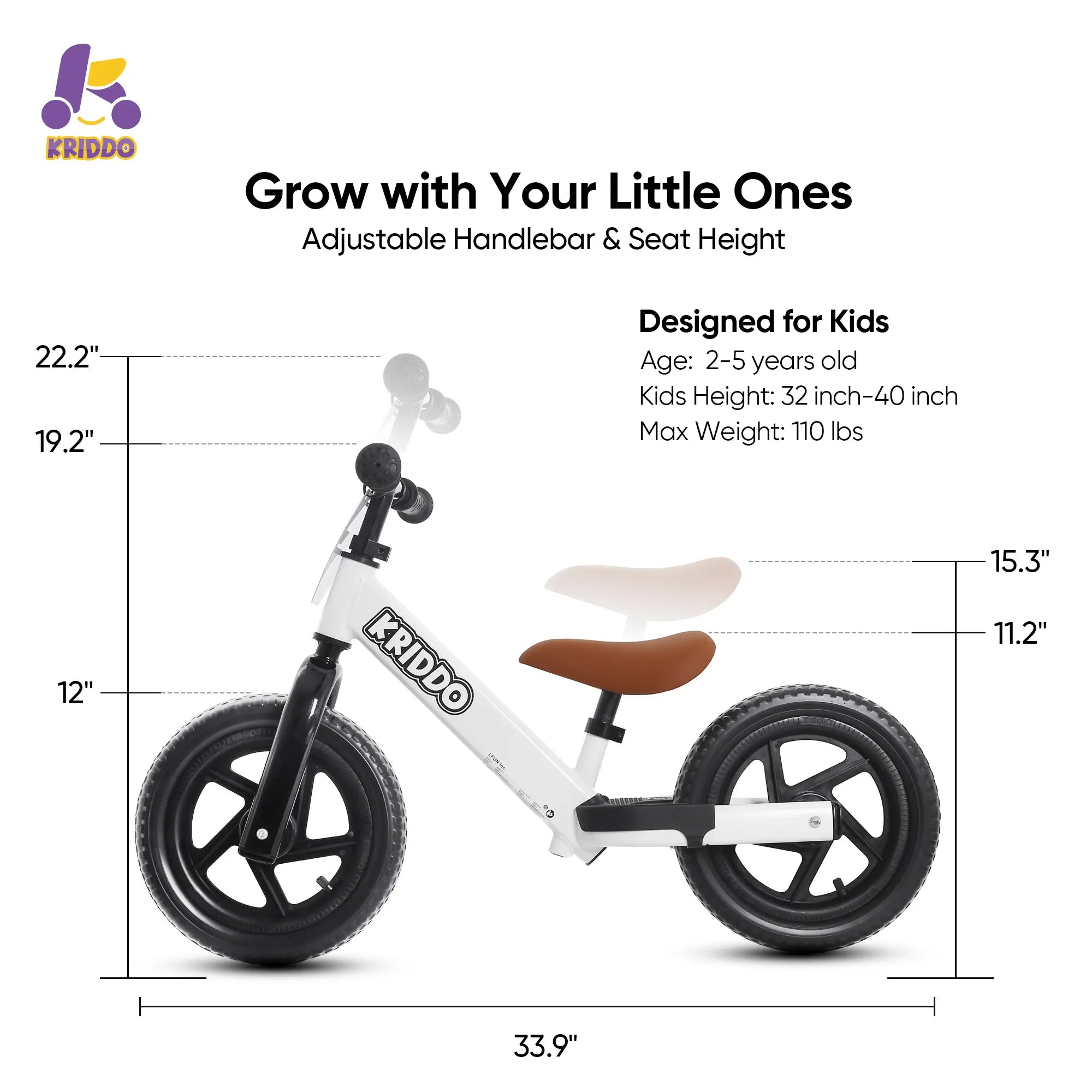 Children's balance bike with adjustable handlebar and seat height, designed for ages 2-5 years old.