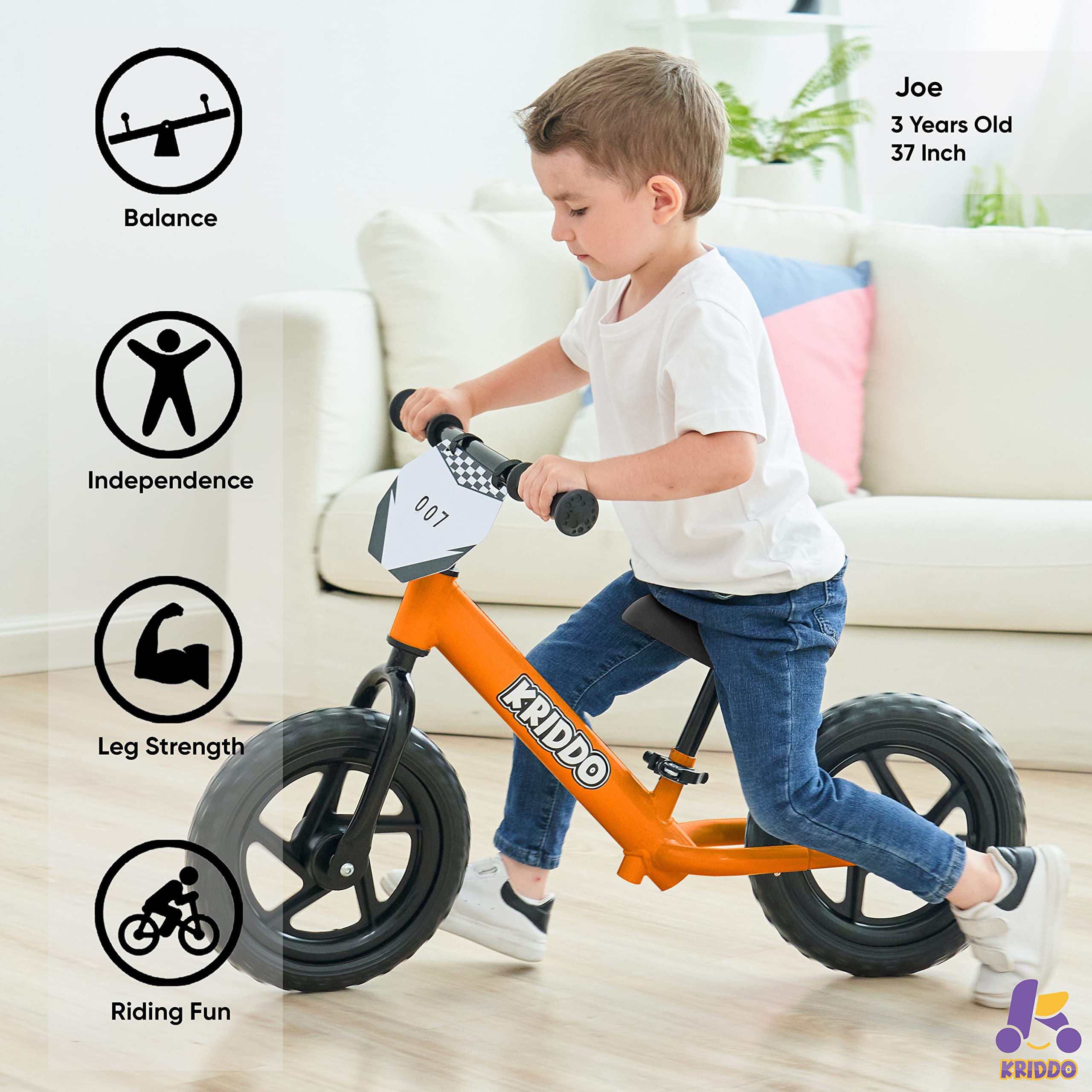 KRIDDO Toddler Balance Bike 2 Year Old, Age 18 Months to 5 Years Old, 12 Inch Push Bicycle with Customize Plate (3 Sets of Stickers Included), Steady Balancing, Gift Bike for 2-3 Boys Girls, Orange